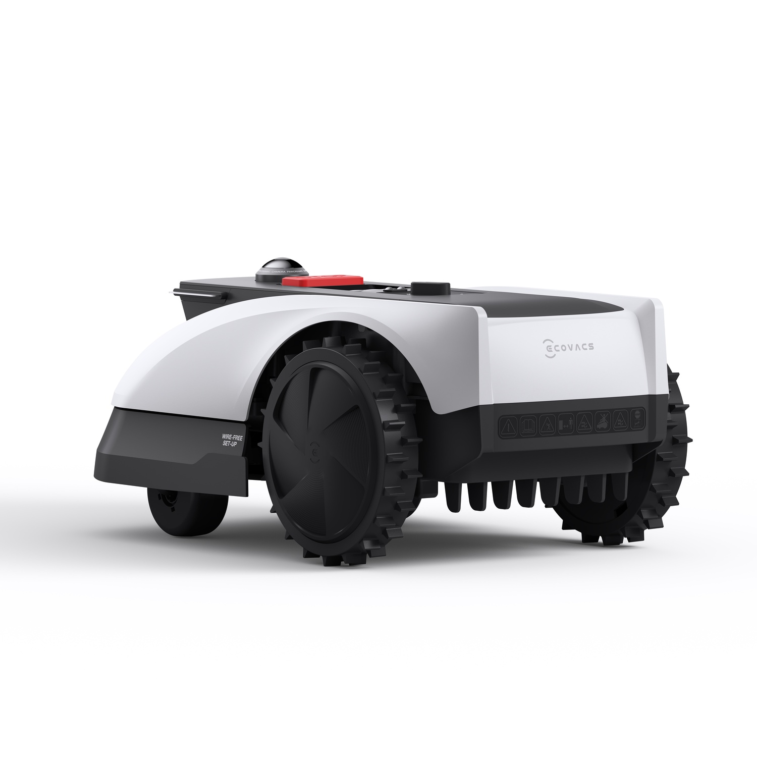 Un robot tosaerba bianco e nero su una superficie bianca.
