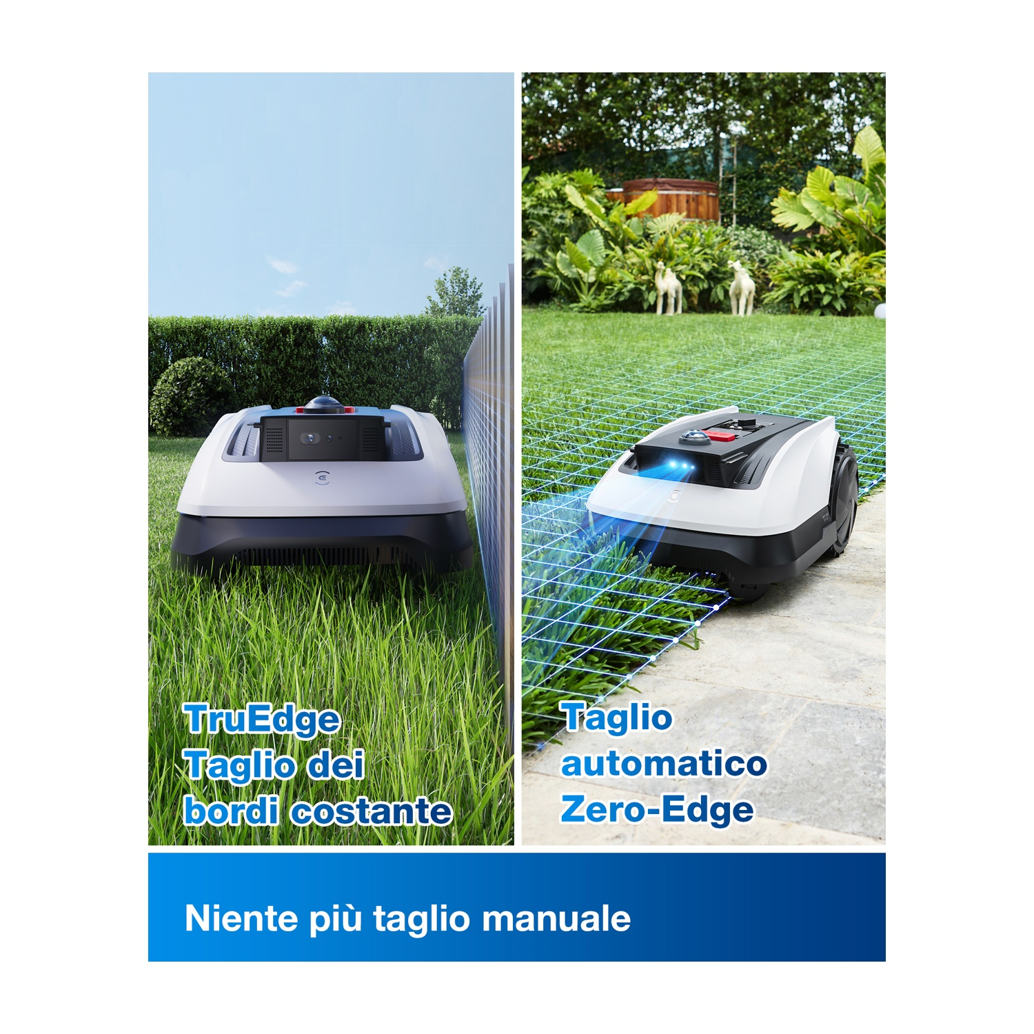 Un robot tosaerba che taglia l'erba, illustrando le funzioni TruEdge e Zero-Edge.