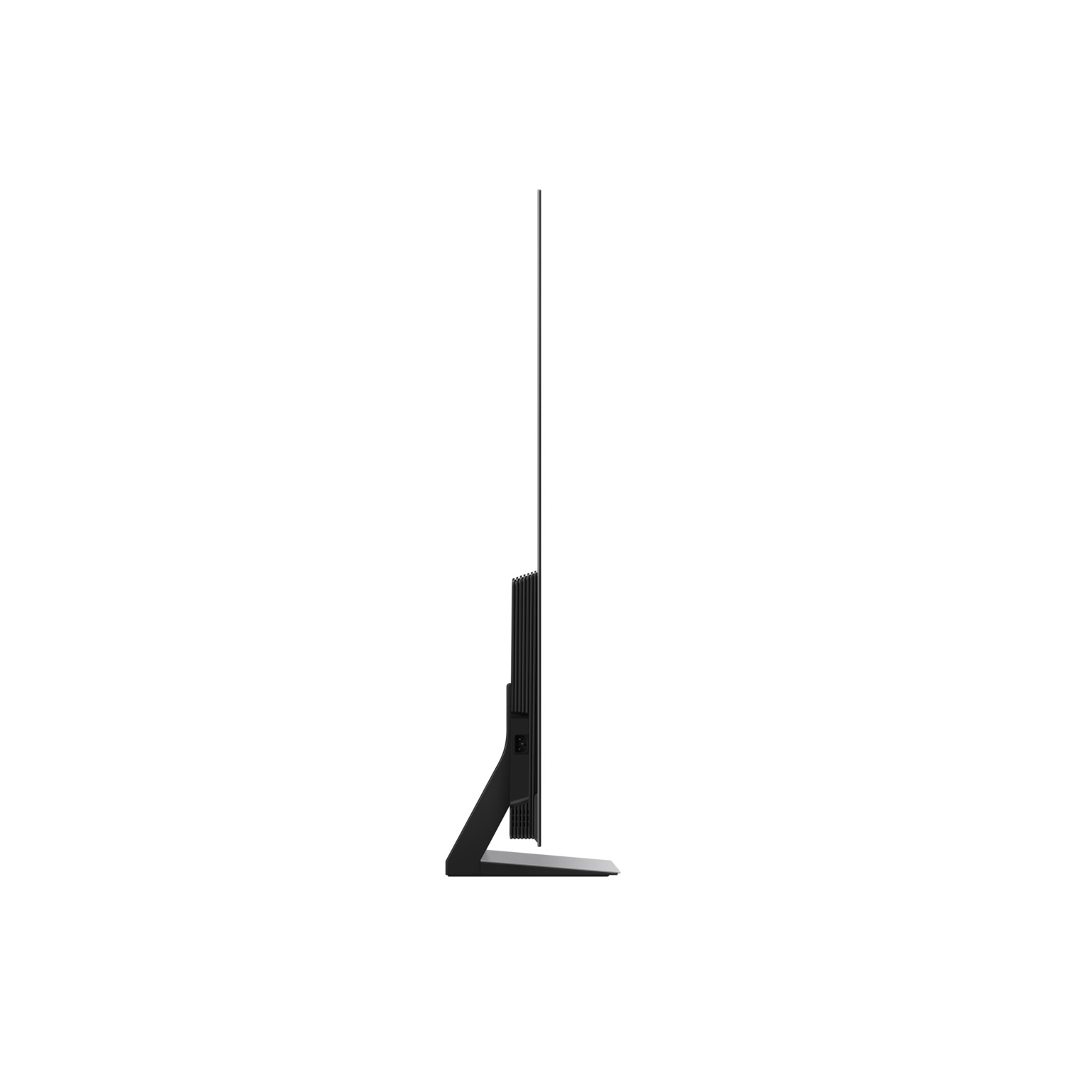 A black, slim television is seen from the side against a white background. It has a stand and is positioned vertically.