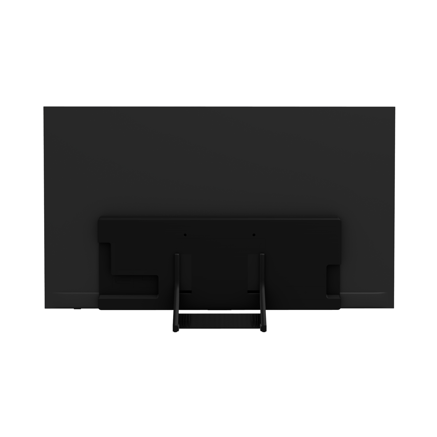 A large black TV is shown from the back. It has a stand and is set against a white background.