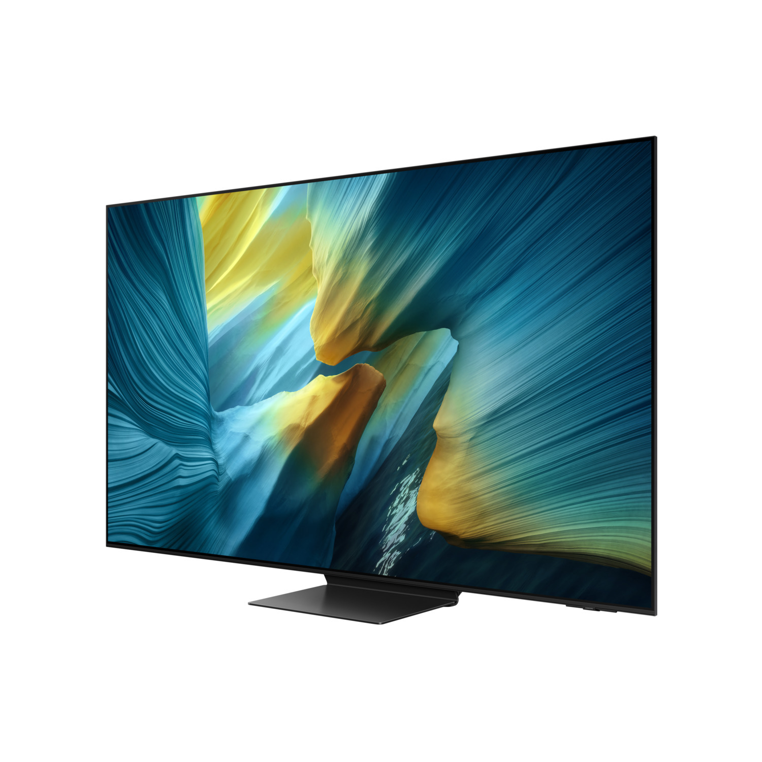 Een strakke, moderne tv met een levendig scherm met abstracte kunst in blauw, geel en oranje, op een zwarte standaard tegen een witte achtergrond.
