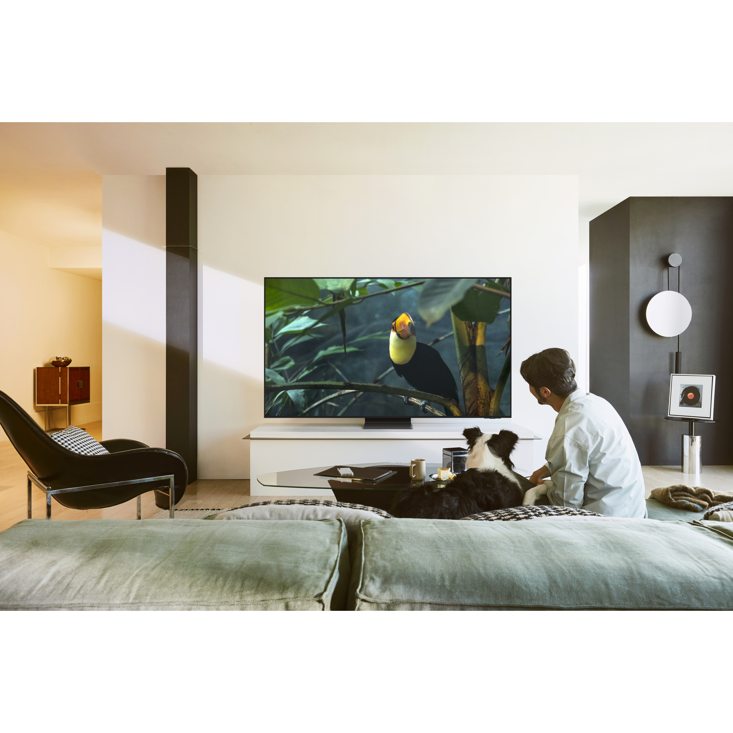 Een man en een hond kijken tv met een toekan. Een salontafel met spullen. Een zwarte stoel links.