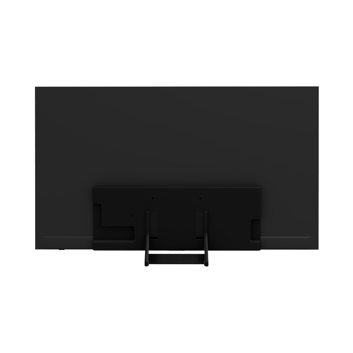 Une grande télévision noire avec un support. L'arrière du téléviseur est visible, montrant les ports et un support central.