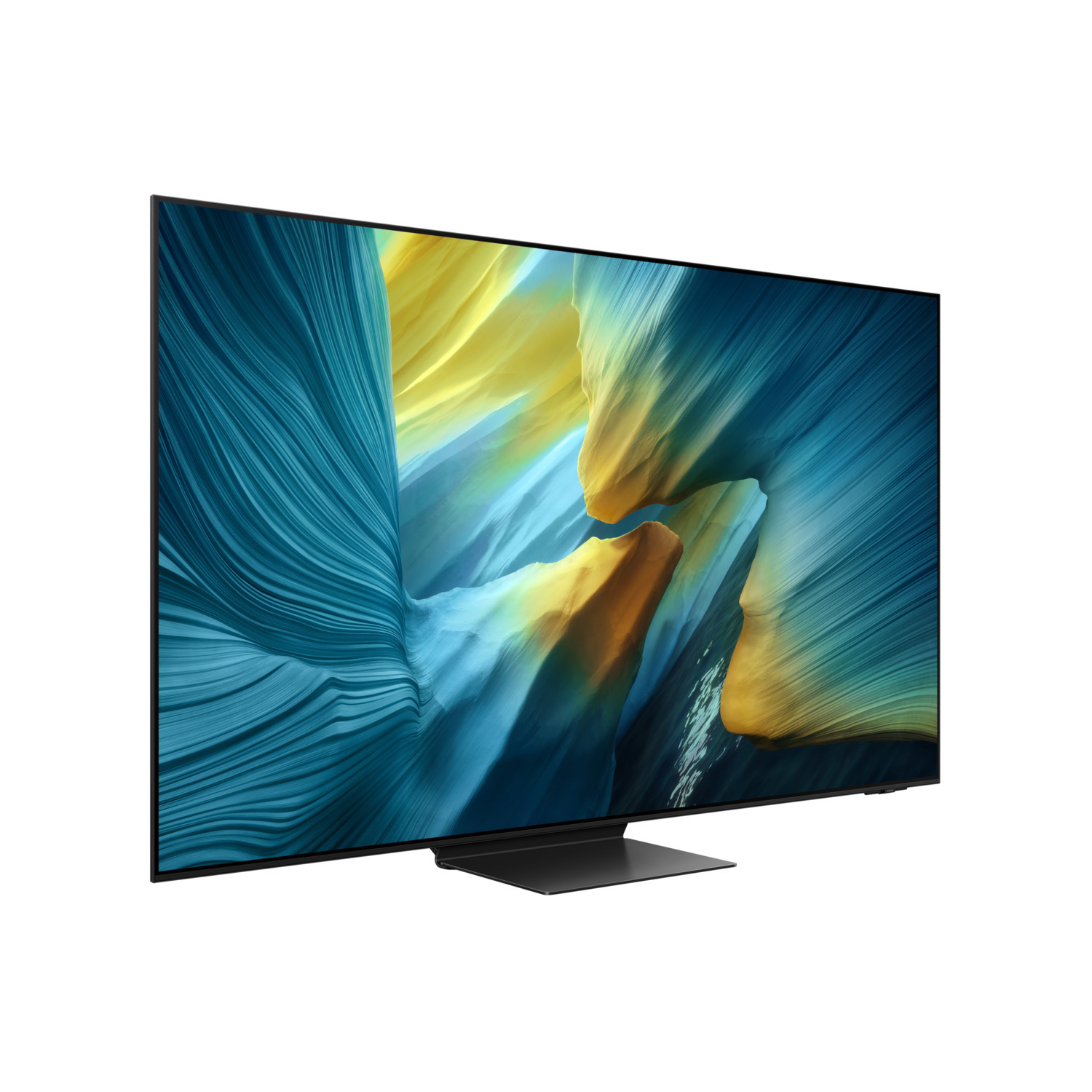 A large, modern TV with a black frame and stand displays an abstract image of blue, yellow, and brown flowing lines.