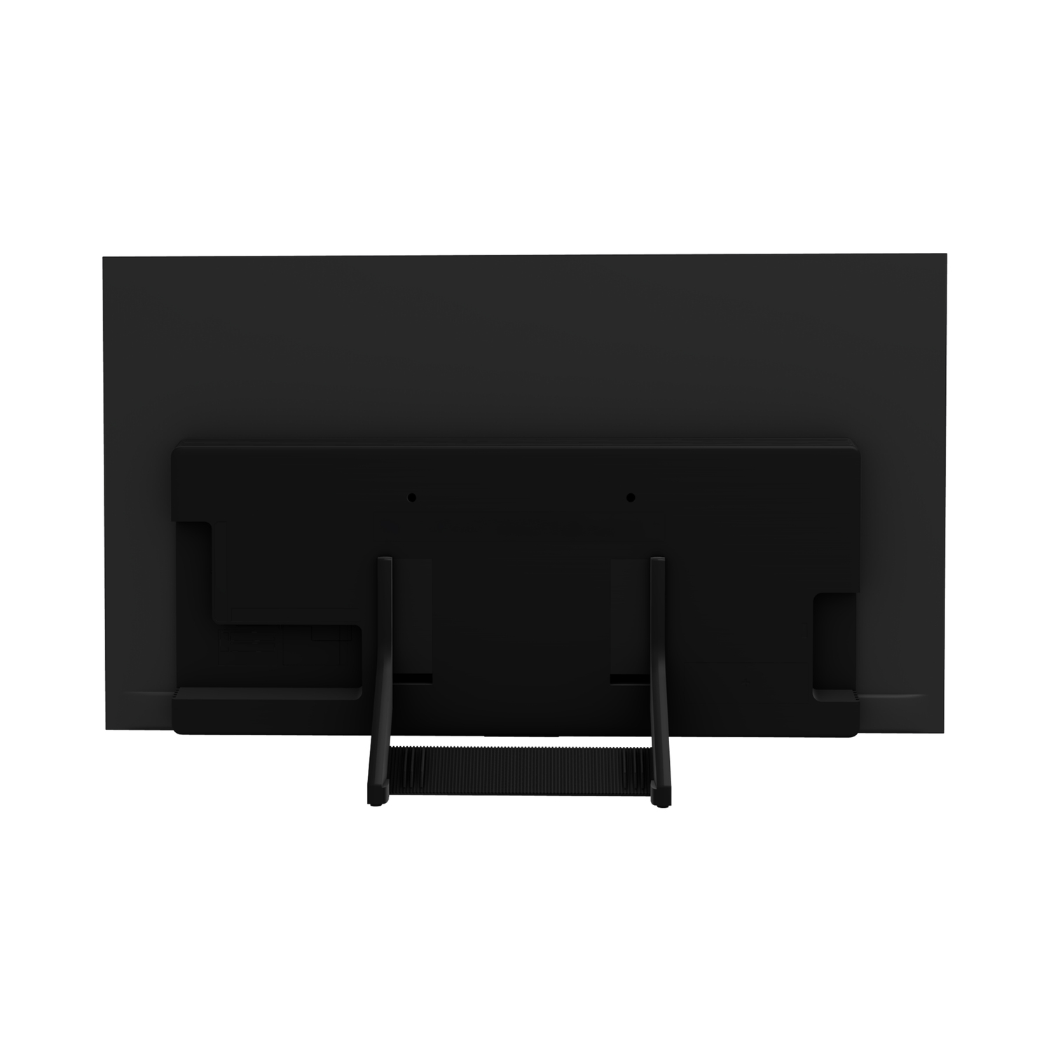 The back of a black television is shown, with a rectangular screen and a stand. The stand has two legs and a horizontal support.