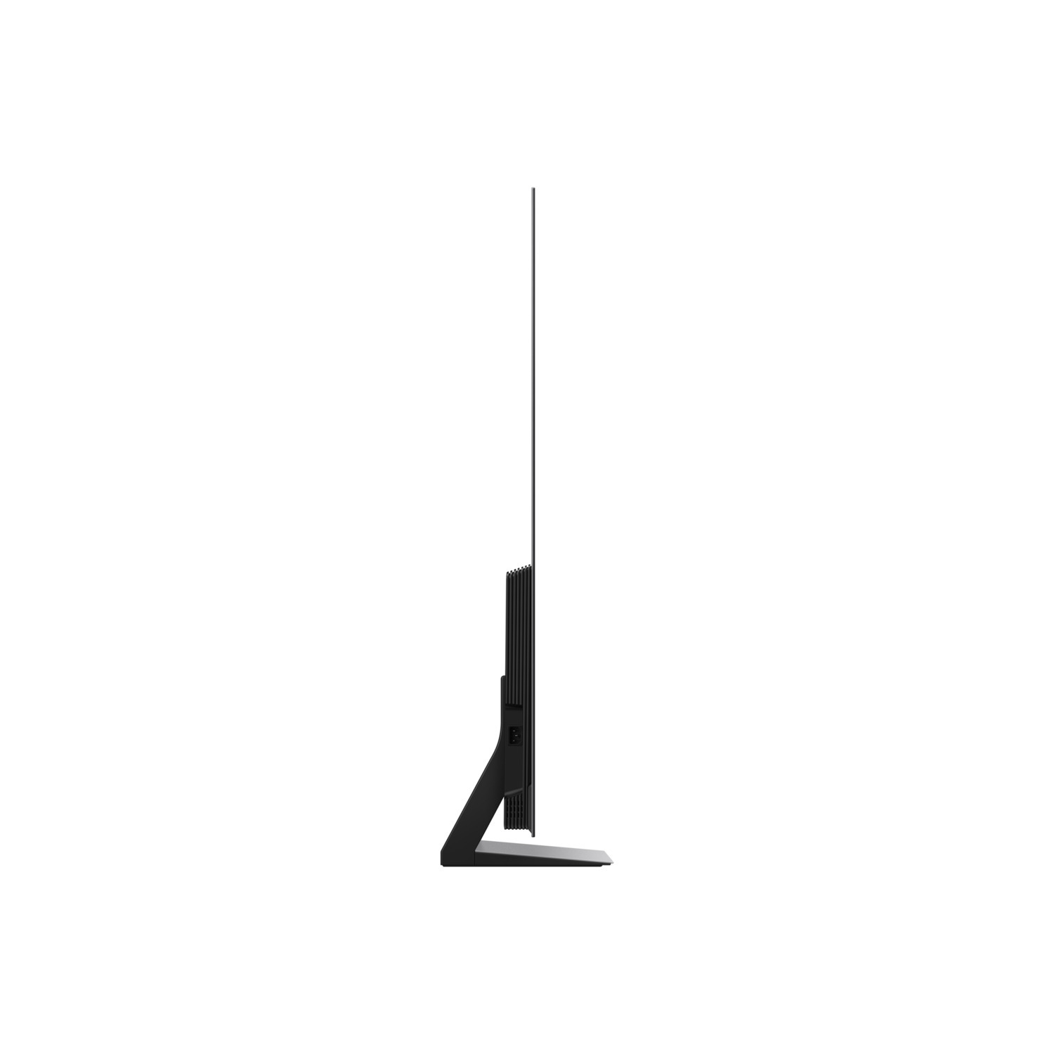 Vue latérale d'un téléviseur à écran plat noir. Le téléviseur est debout avec un profil fin. Le fond est blanc.