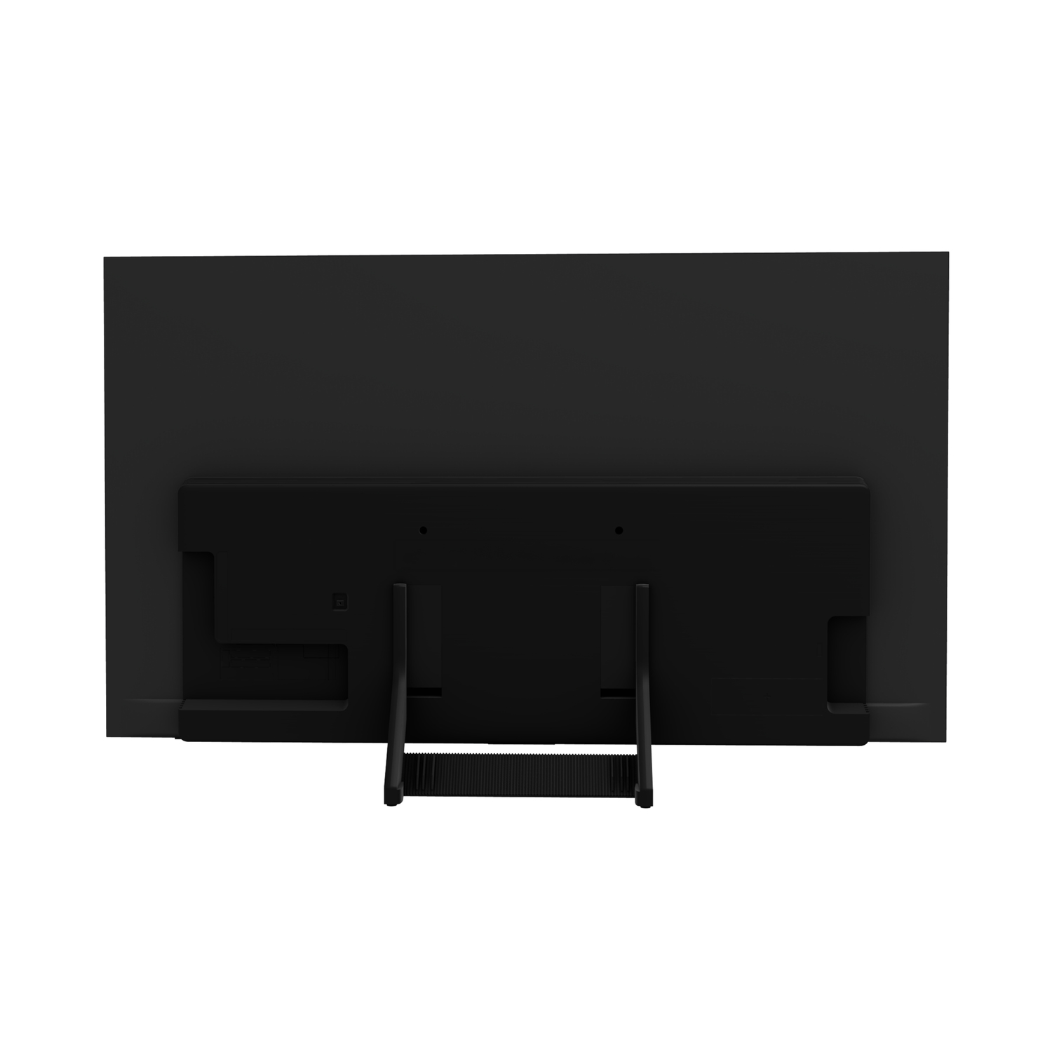 Arrière d'un téléviseur noir sur fond blanc. Le téléviseur possède un pied et divers ports. Le téléviseur est rectangulaire.