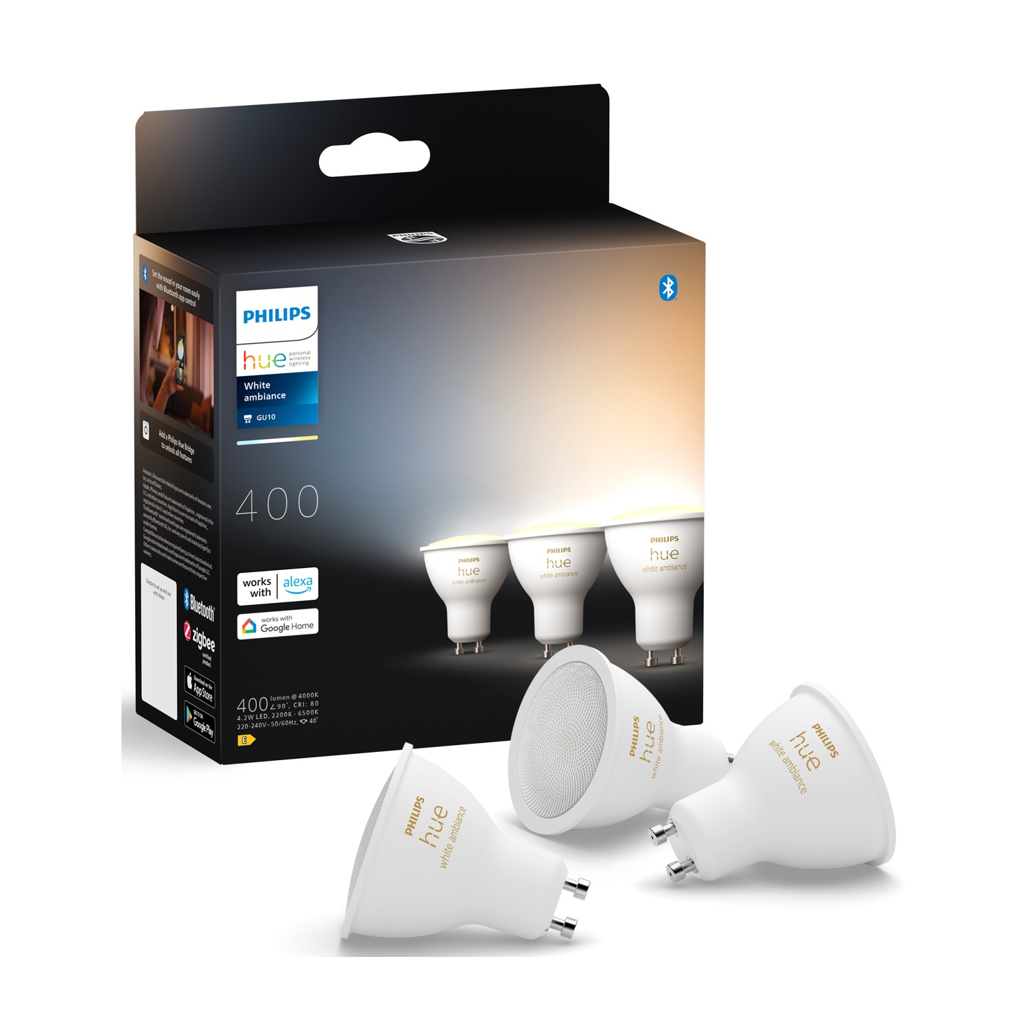 Lampadine spot Philips Hue GU10 con atmosfera bianca in una scatola.