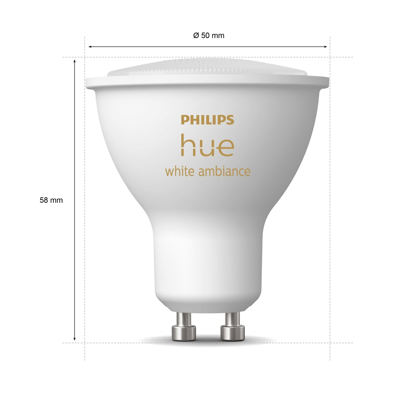 Una lampadina Philips Hue bianca con dimensioni etichettate. Ha 'Philips hue white ambiance' stampato sopra e due pin d'argento.