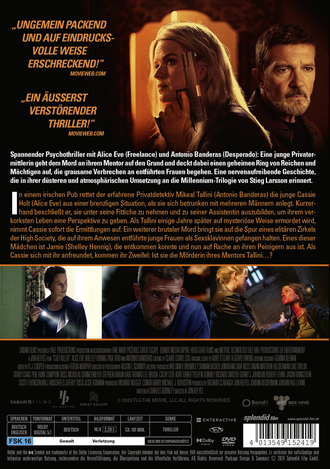 Ein Filmposter zeigt Alice Eve und Antonio Banderas. Eve hält eine Pistole, Banderas schaut ernst. Hintergrund: dunkles Szenenbild.