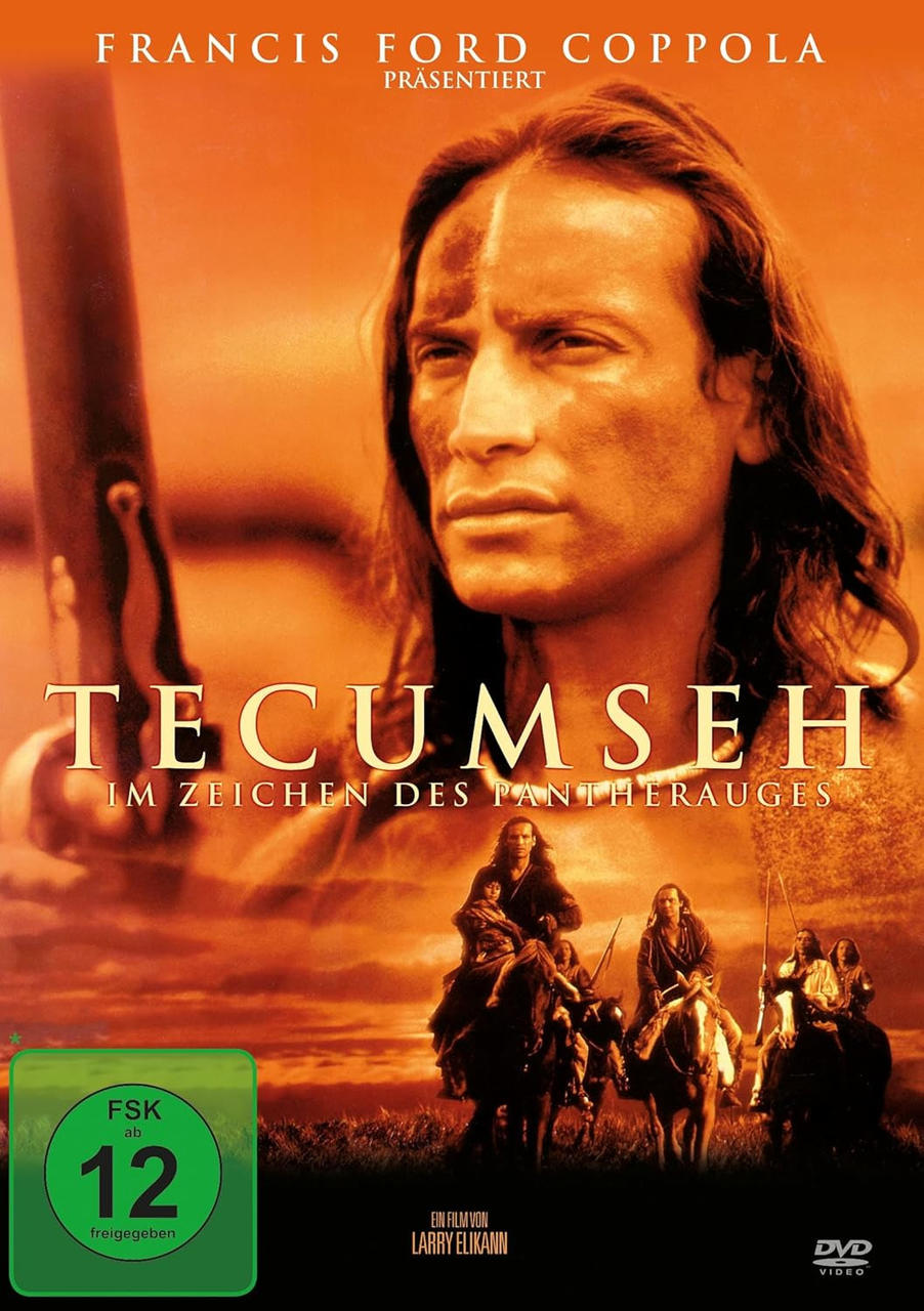 Filmposter: Ein Mann mit indianischem Aussehen, Titel: Tecumseh, auf einem orangefarbenen Hintergrund.