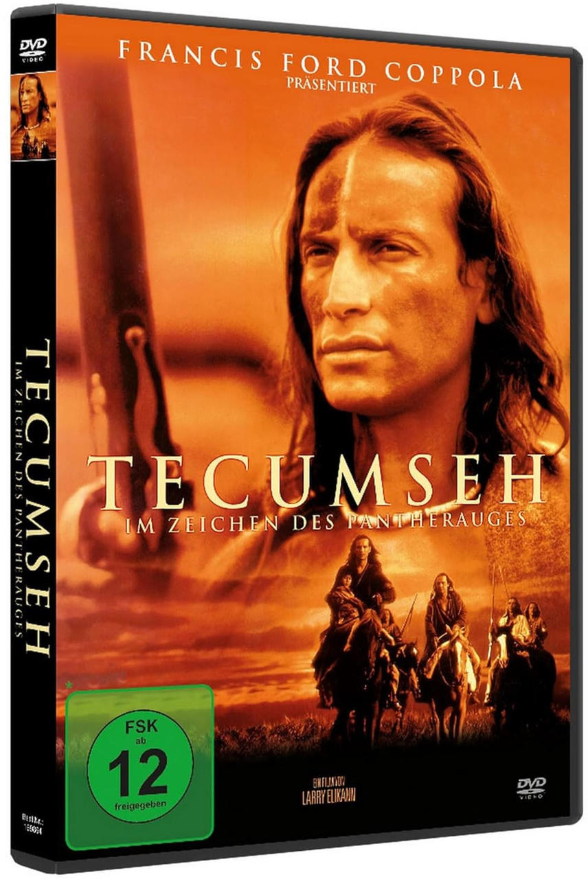 Filmposter: Ein Mann mit indianischem Aussehen, Titel: Tecumseh, auf einem orangefarbenen Hintergrund.
