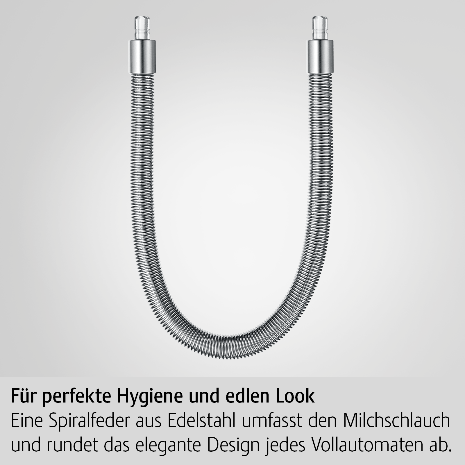 Eine Edelstahl-Milchschlauchspiralfeder. Sie hat zwei Enden und ist gewellt.