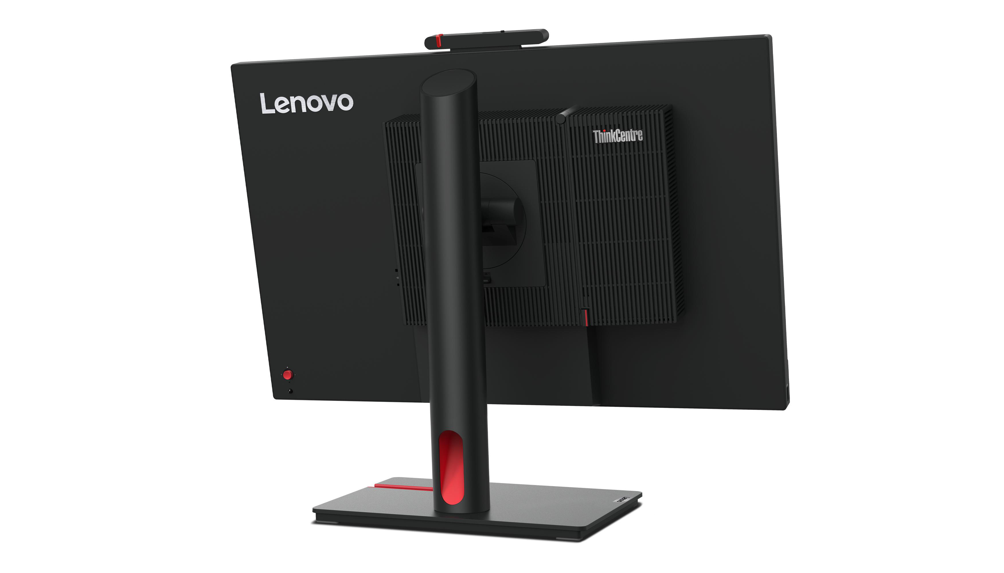 Rückseite eines schwarzen Monitors mit Lenovo-Logo, ThinkCentre-Schriftzug und rotem Akzent.
