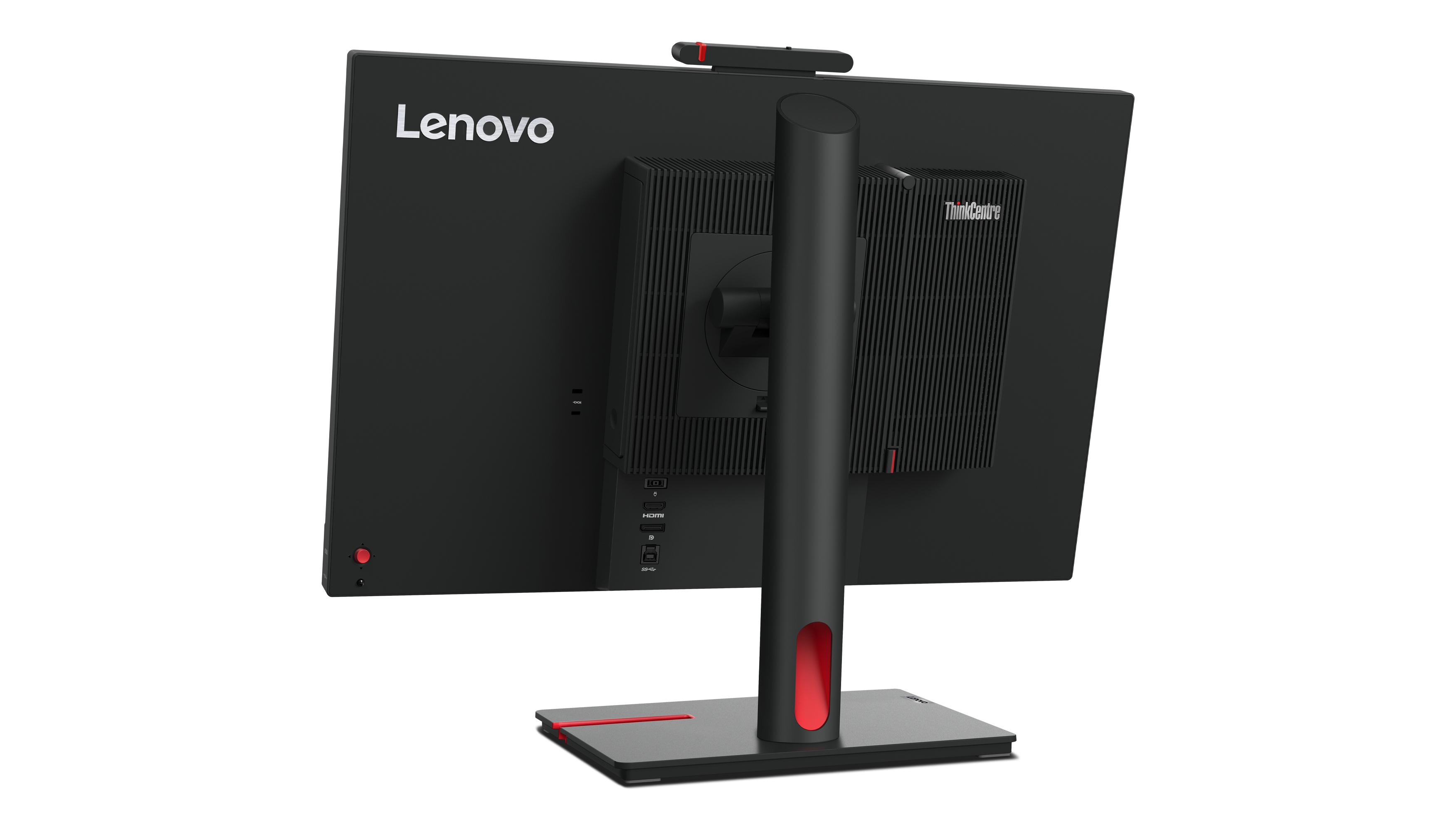 Rückansicht eines schwarzen Monitors mit Lenovo-Logo, ThinkCentre-Schriftzug und roten Akzenten.
