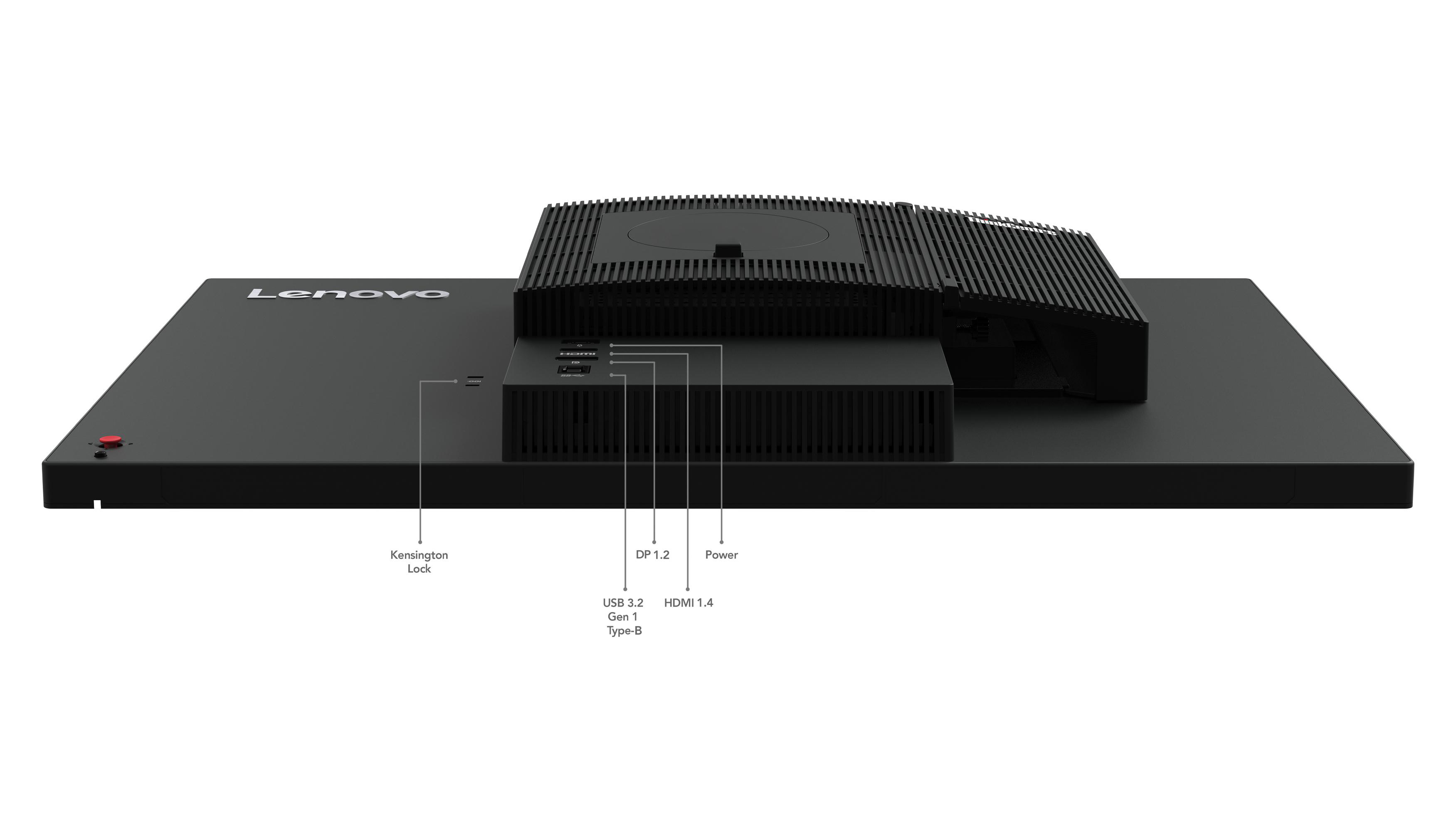 Nahaufnahme der Rückseite eines schwarzen Monitors mit Anschlüssen und Lenovo-Logo.