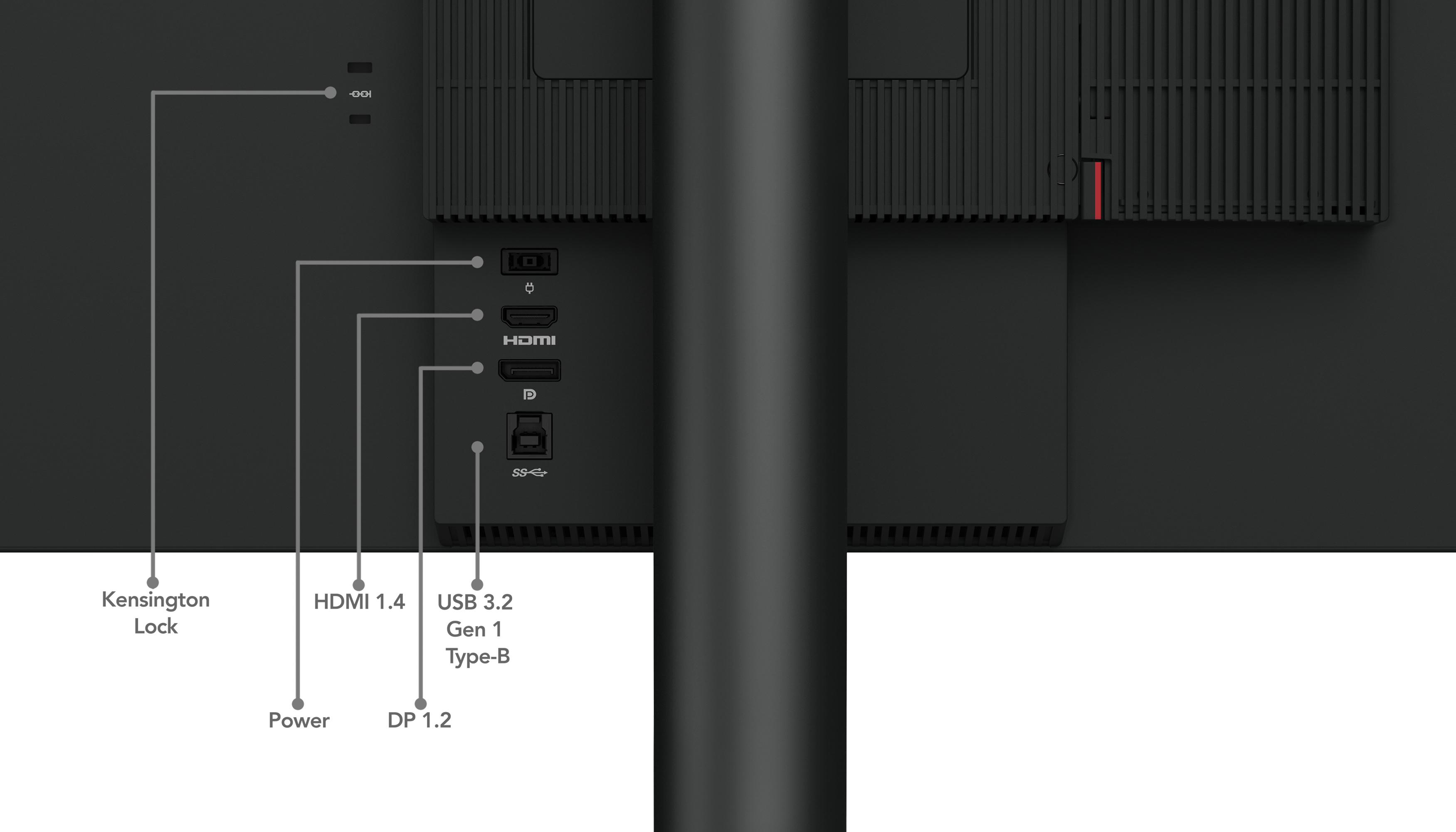 Nahaufnahme der Anschlüsse auf der Rückseite eines schwarzen Monitors mit Lenovo-Logo.