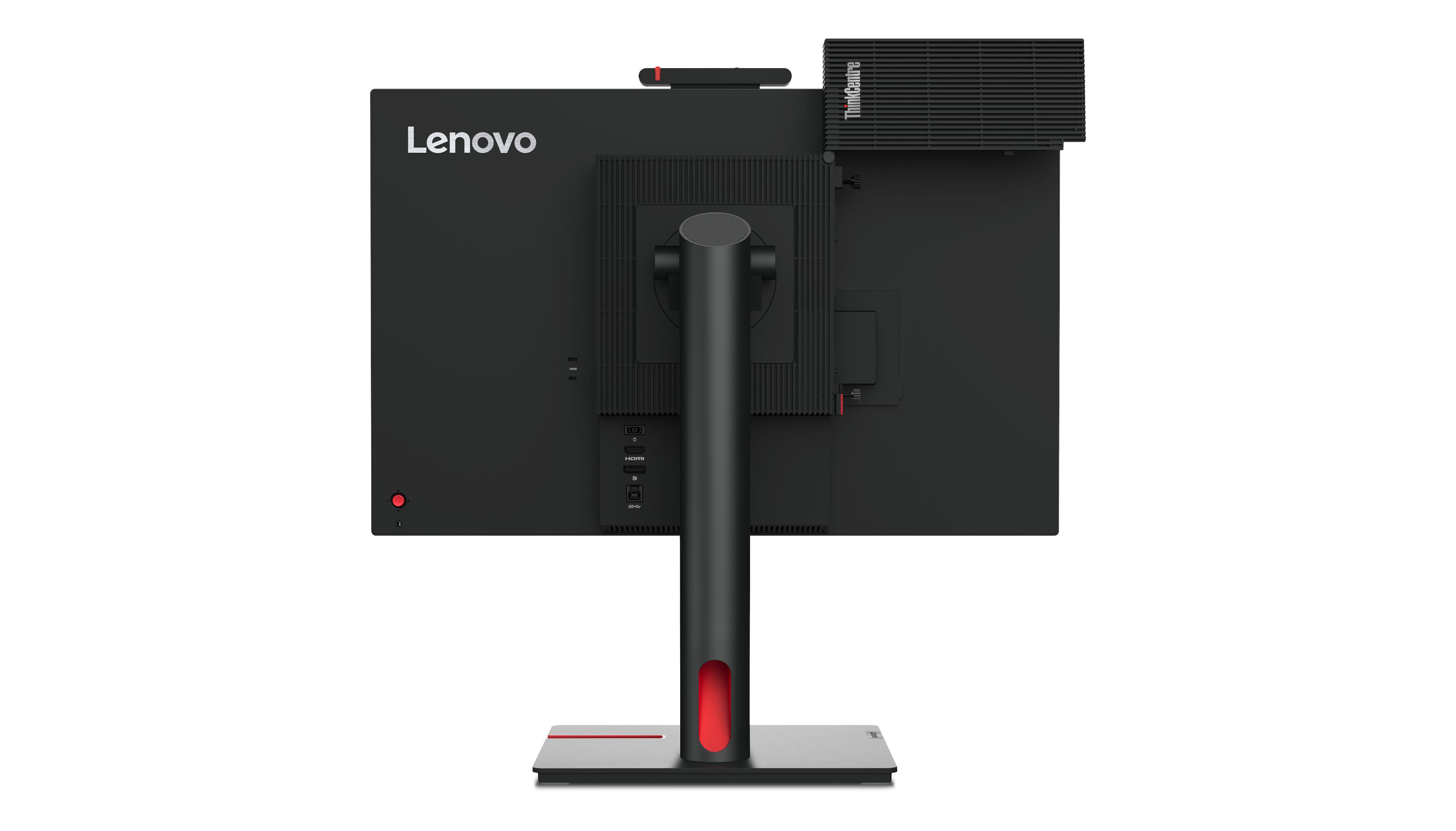 Lenovo ThinkCentre Monitor, Rückansicht, schwarz, mit Anschlüssen, rote Akzente.