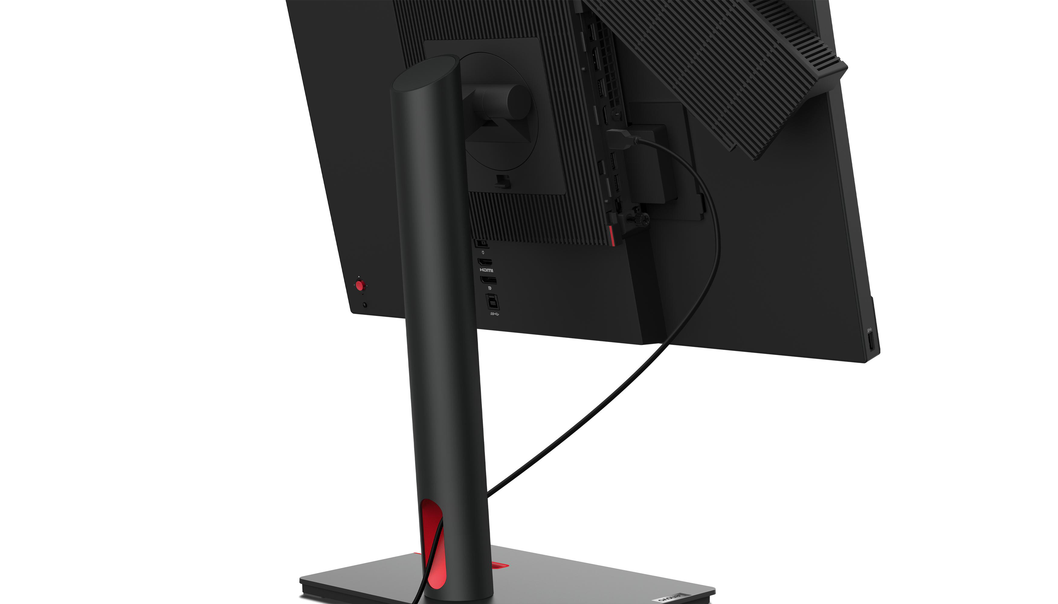 Rückansicht des Lenovo ThinkCentre Monitors, schwarz, Anschlüsse sichtbar, mit Ständer.