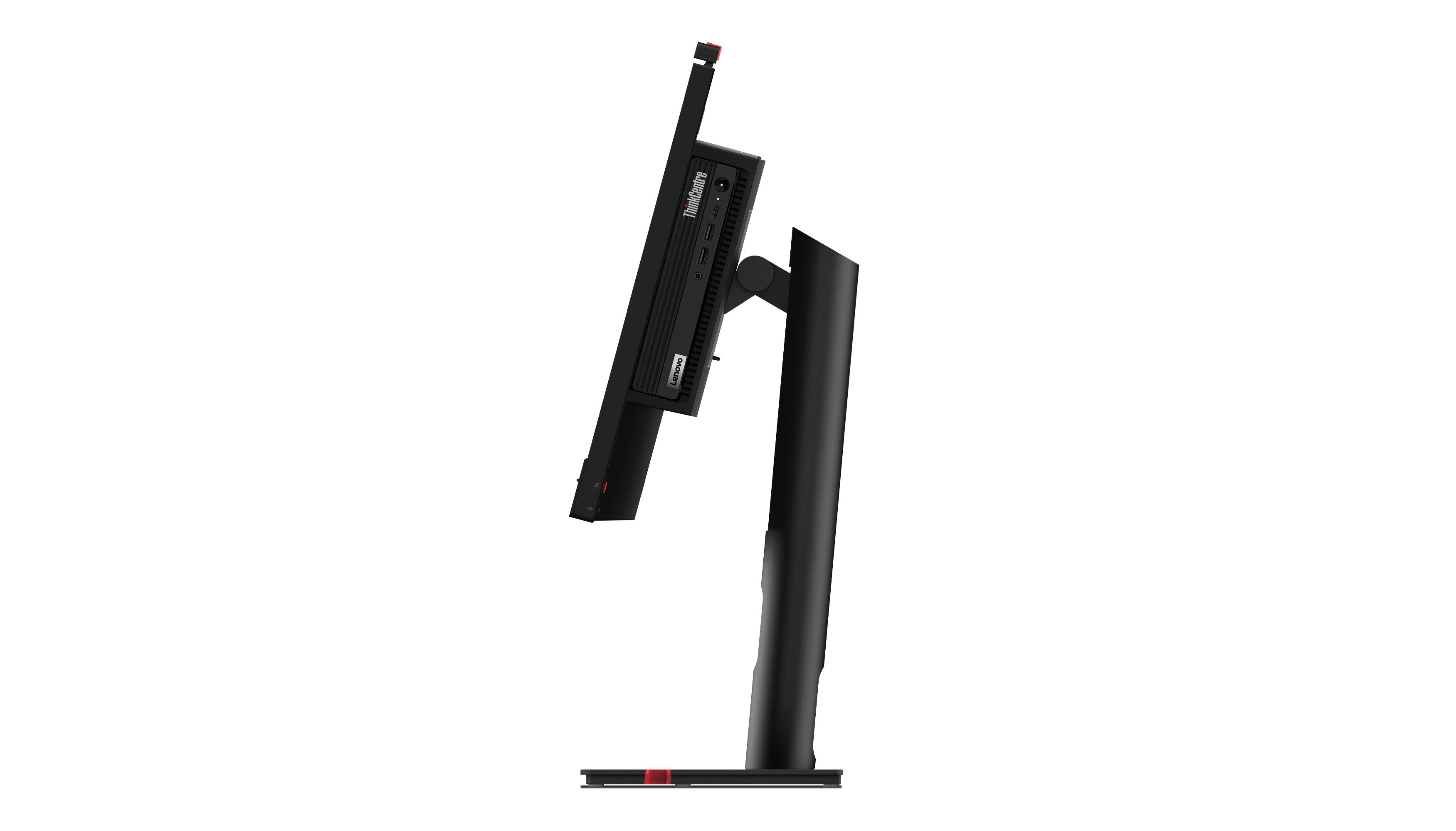 Seitenansicht des Lenovo ThinkCentre Monitors, schwarz, mit Ständer, leichter Winkel.