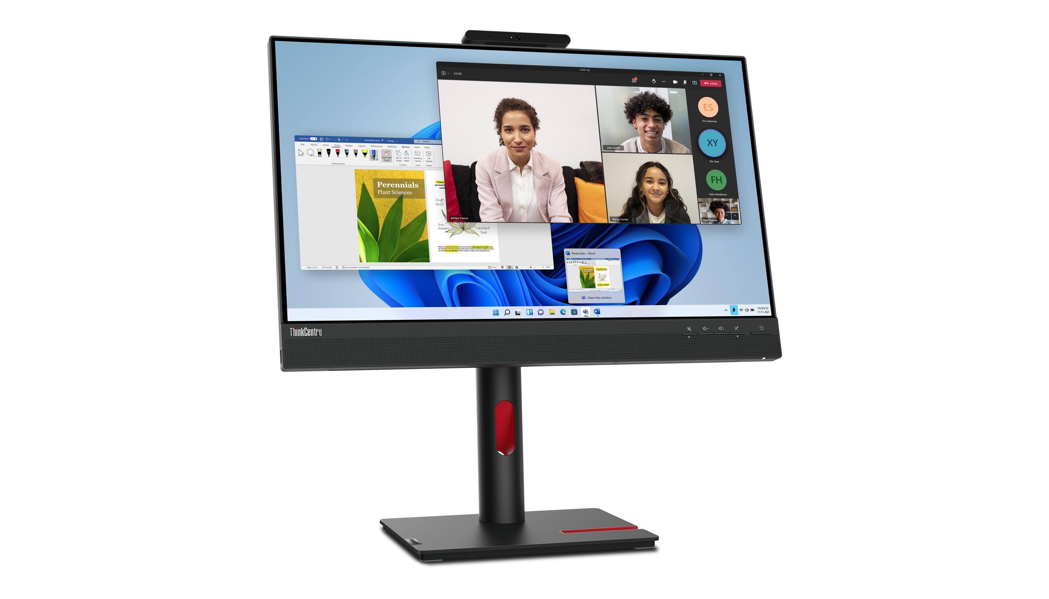 Computermonitor mit Videokonferenz auf dem Bildschirm und schwarzem Ständer.