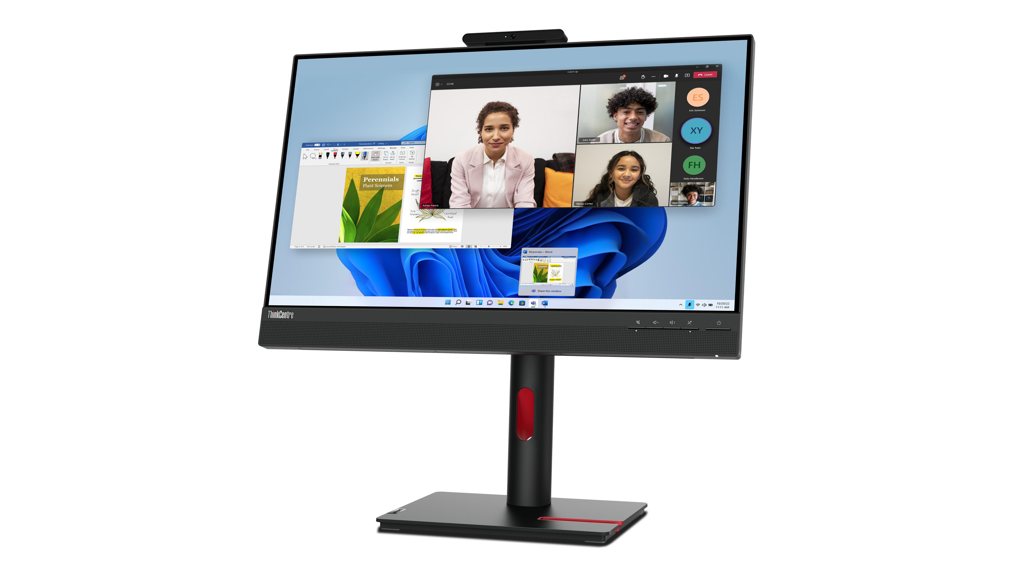 Lenovo ThinkCentre Monitor, Vorderansicht, Videoanruf auf dem Bildschirm, schwarz, Ständer.