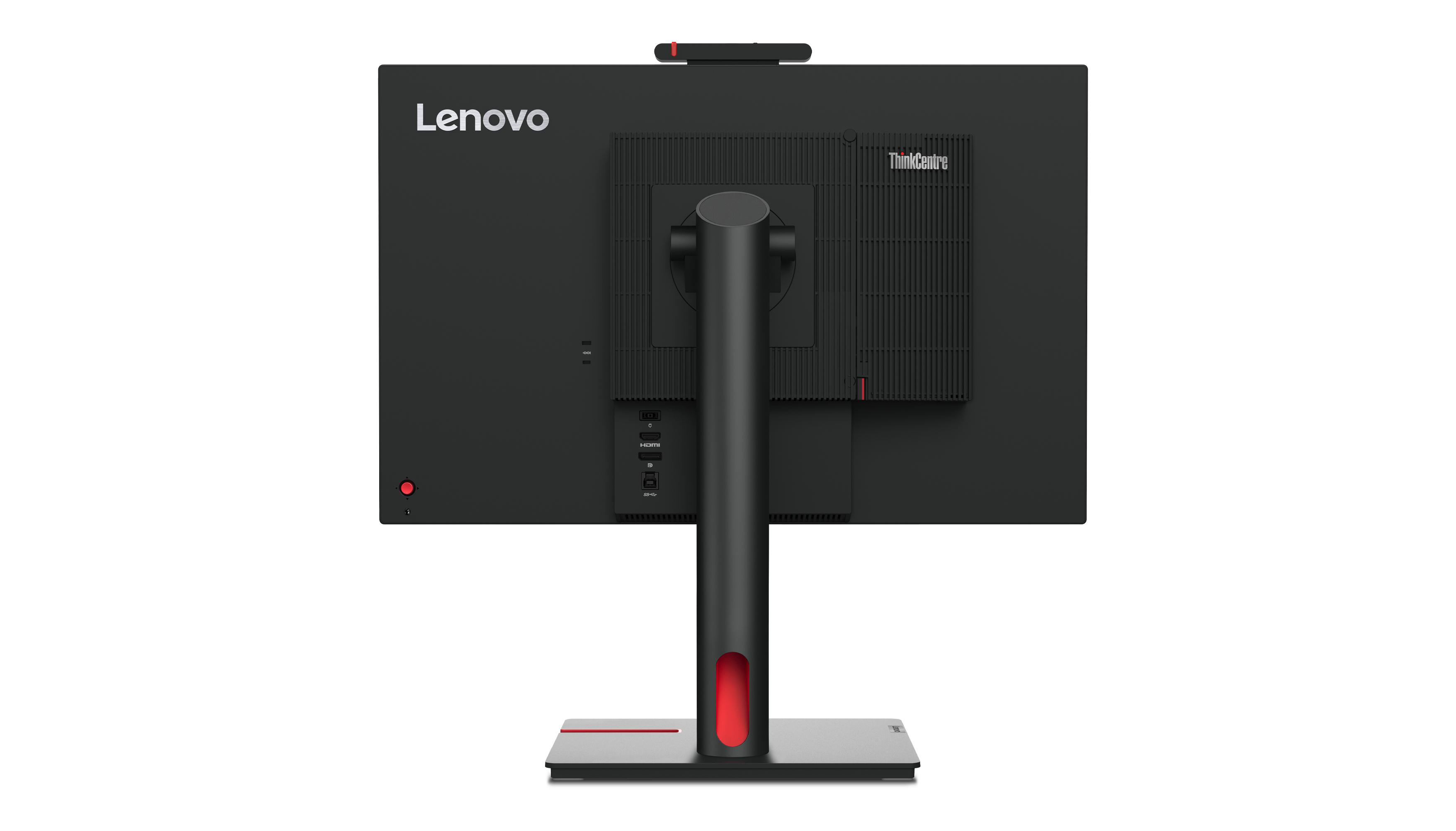 Rückansicht eines schwarzen Lenovo-Computermonitors.