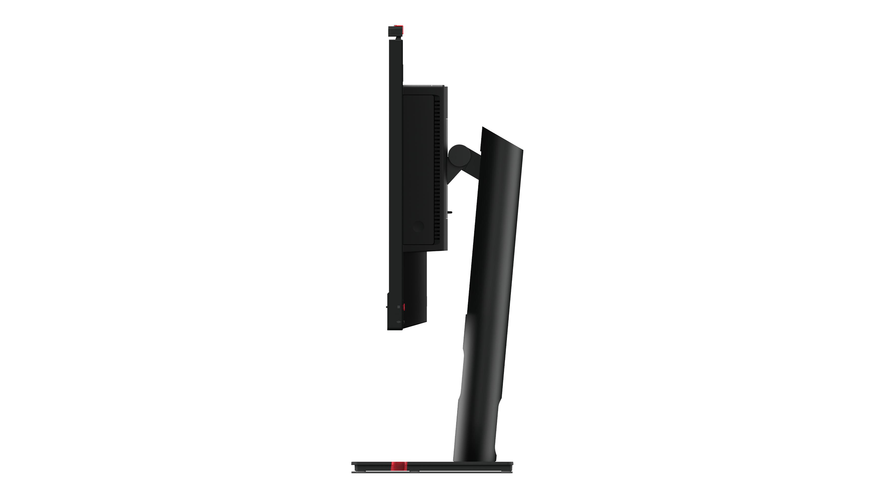 Seitenansicht des Lenovo ThinkCentre Monitors, schwarz, mit Ständer, leichter Winkel.