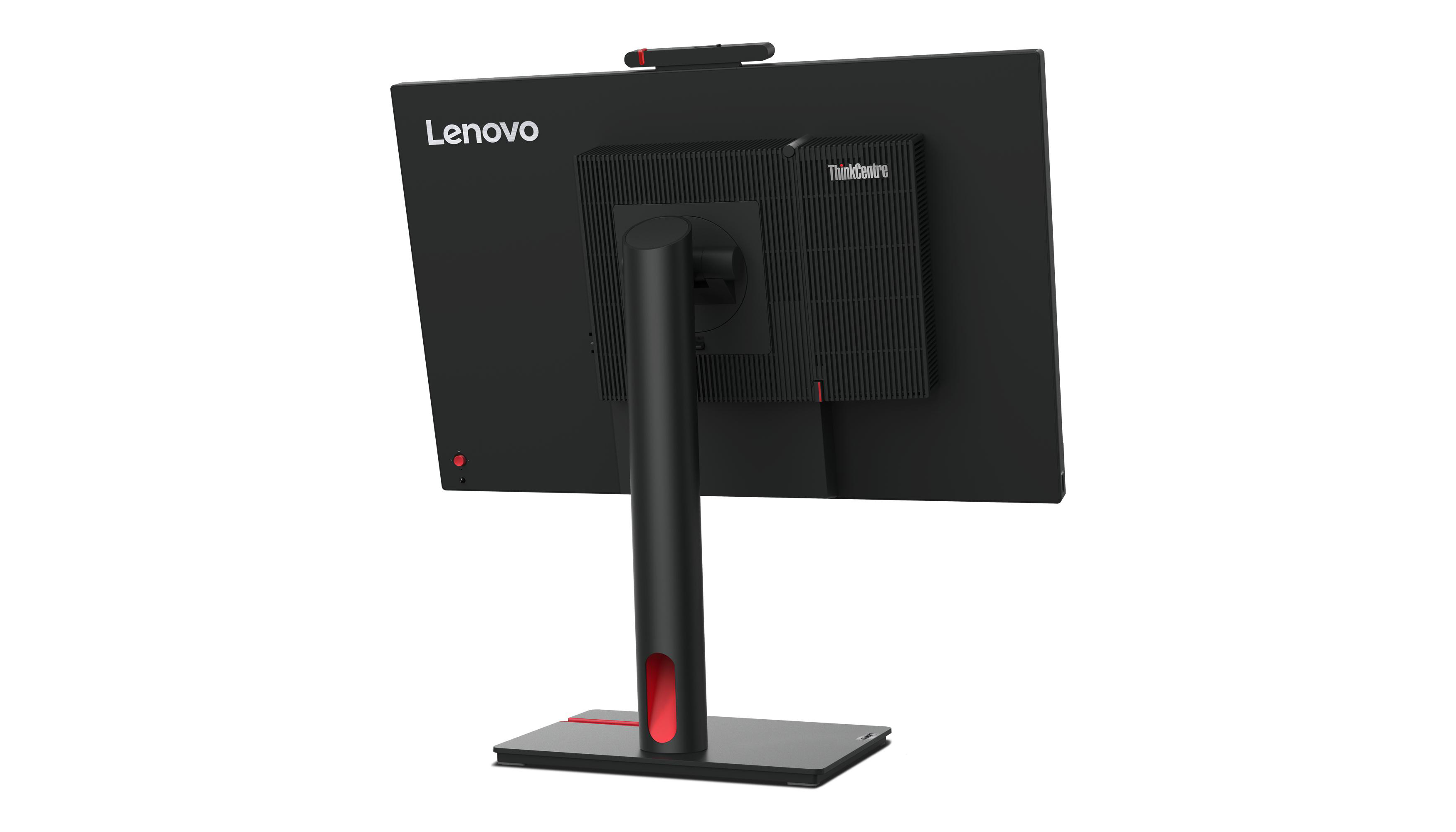 Rückansicht eines schwarzen Lenovo ThinkCentre Monitors. Er hat einen roten Akzent am Ständer und eine Webcam oben. Weißer Hintergrund.