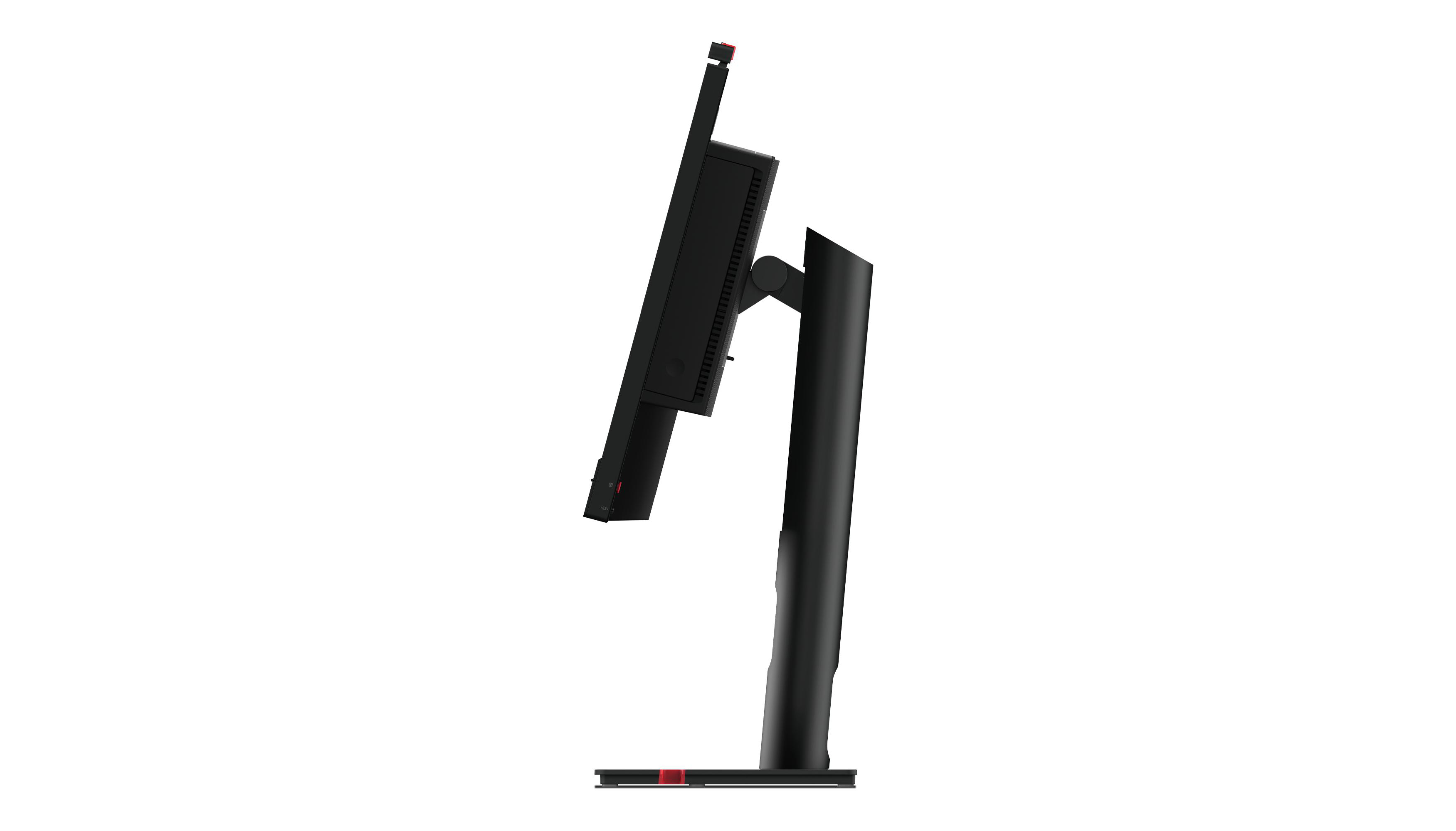 Ein schwarzer Computermonitor im Profil, der Bildschirm, Ständer und Sockel zeigt. Rote Akzente sind an Sockel und Oberseite sichtbar.