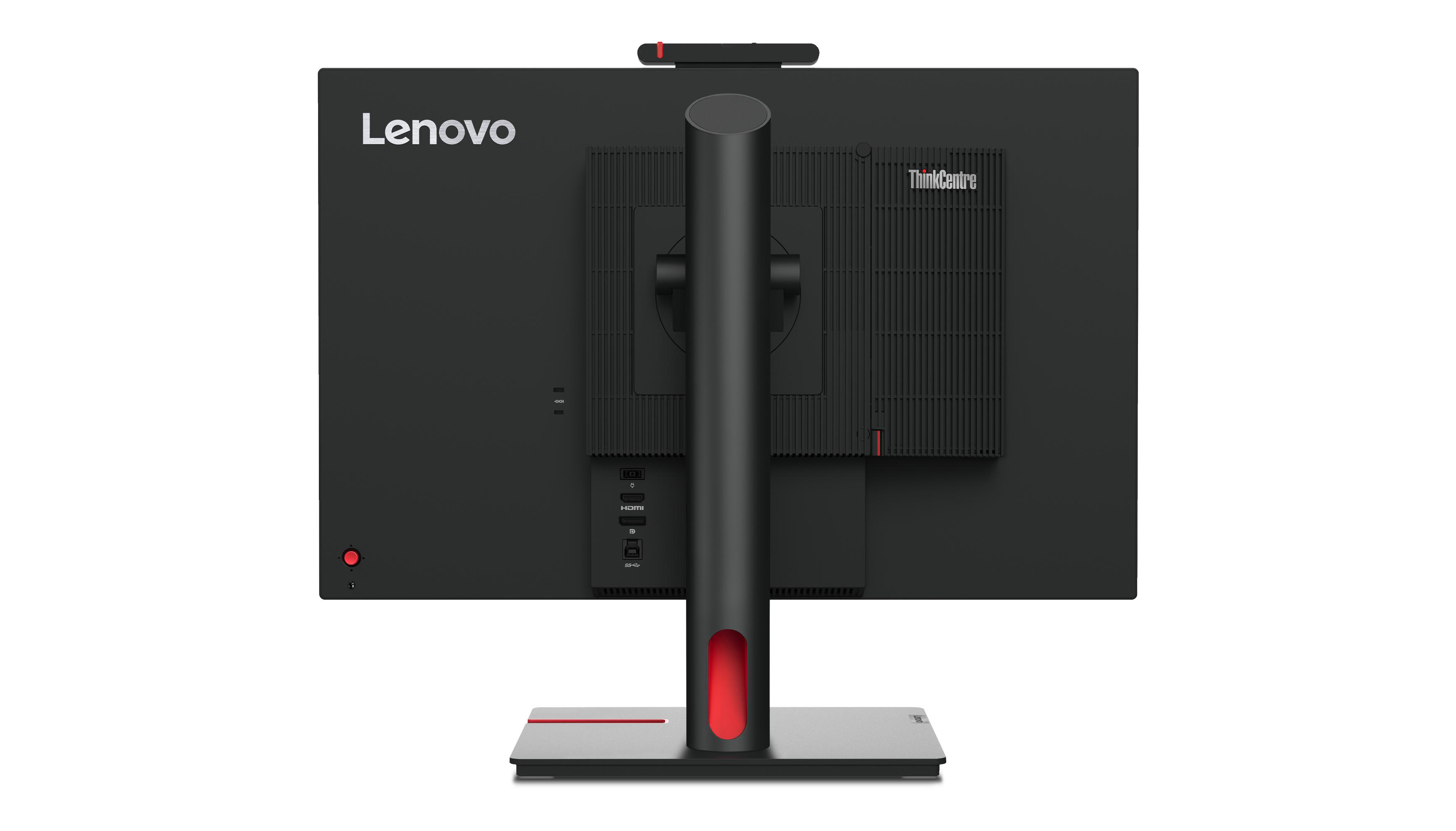 Die Rückseite eines schwarzen Lenovo-Computermonitors.