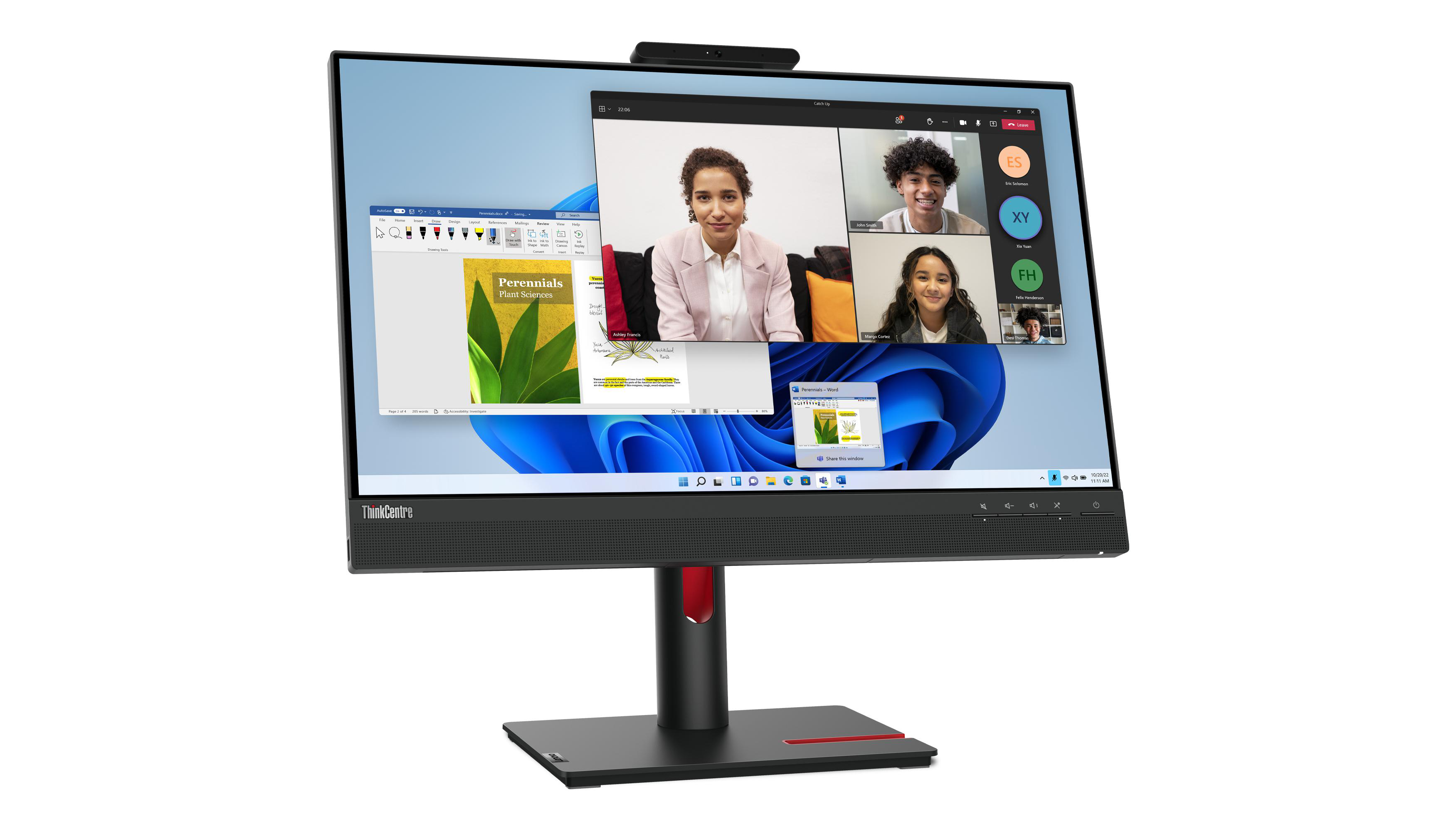 Ein schwarzer All-in-One-Computer mit Videokonferenz auf dem Bildschirm. Auf dem Bildschirm sind vier Personen zu sehen.