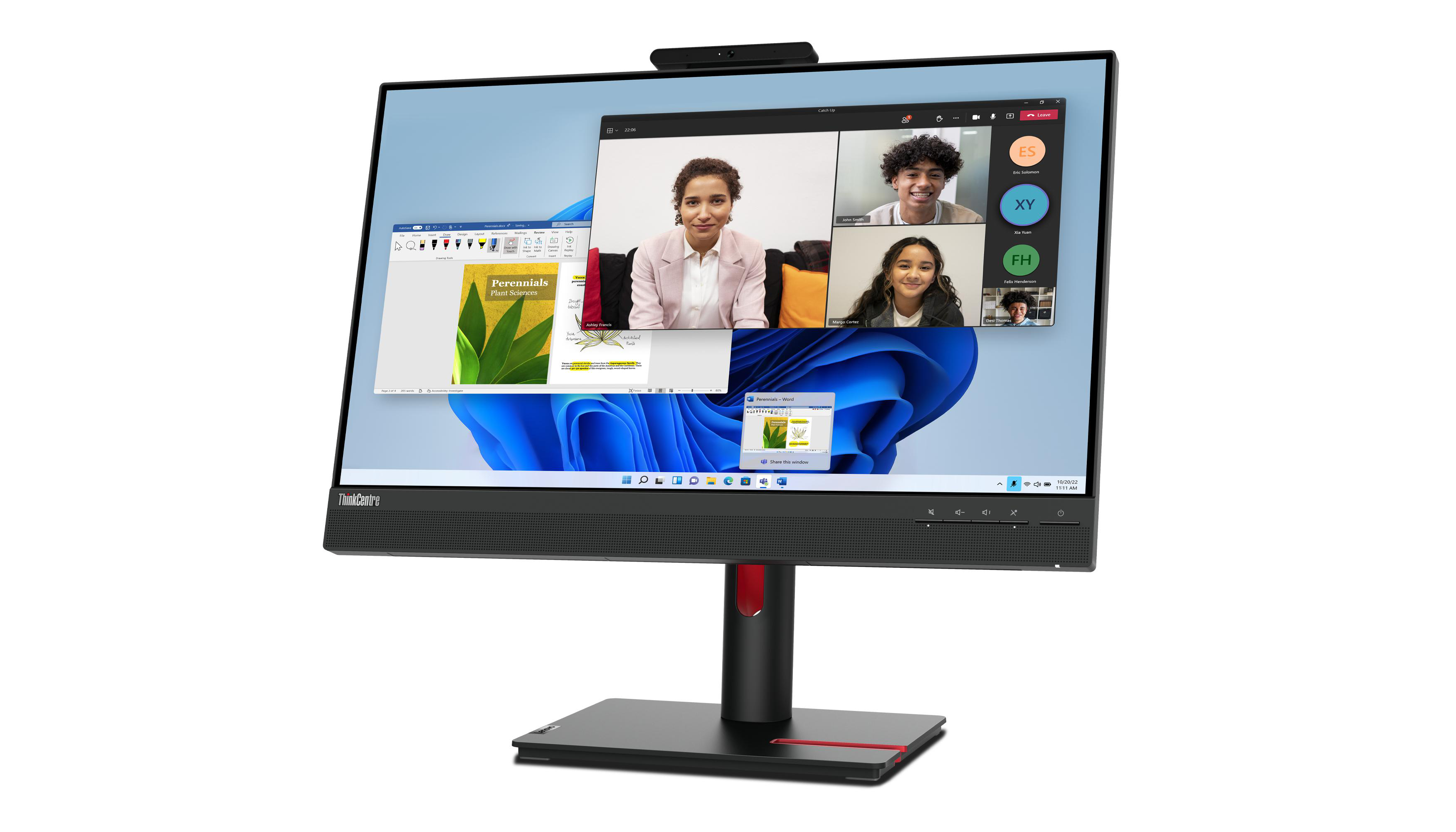 Ein schwarzer All-in-One-Computer mit Videokonferenz auf dem Bildschirm. Auf dem Bildschirm sind vier Personen zu sehen.