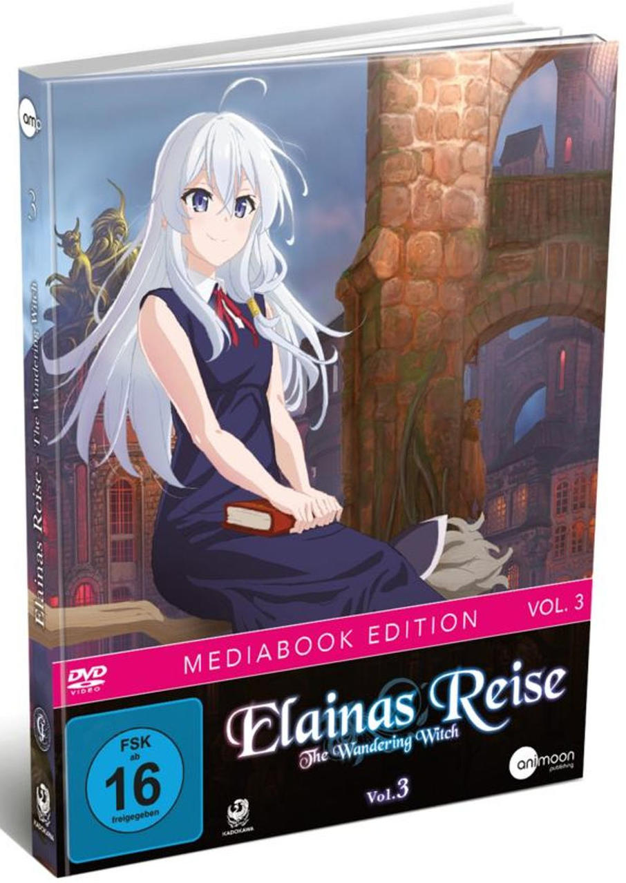Anime-DVD-Cover: Ein Mädchen mit weißen Haaren und blauem Kleid sitzt und hält ein Buch. Im Hintergrund ein Steinbogen und Gebäude.