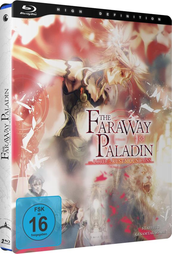 Blu-ray-Disc-Cover mit Anime-Kunst. Eine Figur mit weißen Haaren und dunklem Outfit ist zentral. Der Titel "The Faraway Paladin" ist prominent.