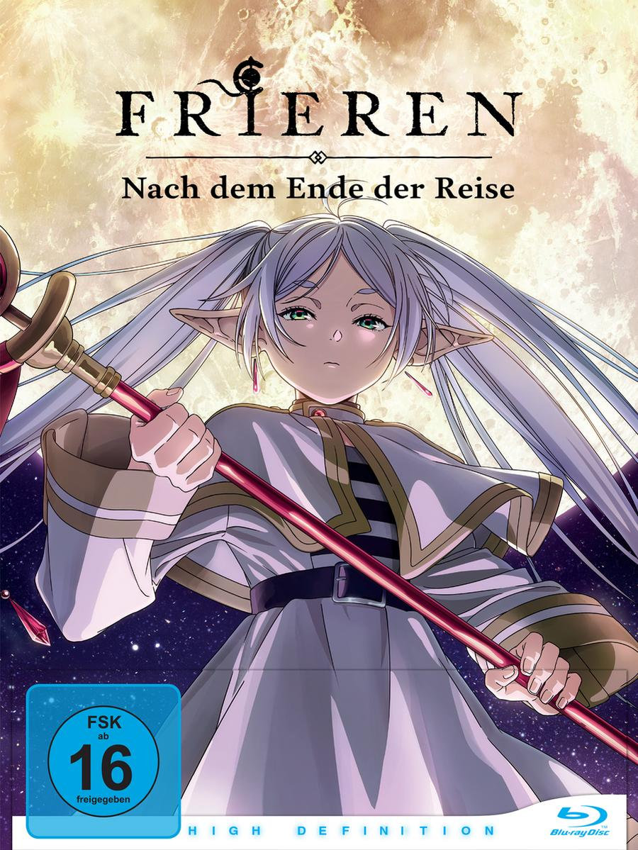 Anime-DVD-Cover. Eine weibliche Figur mit langen weißen Haaren hält einen Stab. Der Titel lautet 'FRIEREN', mit deutschem Text darunter. Unten befindet sich ein blaues Bewertungssymbol.