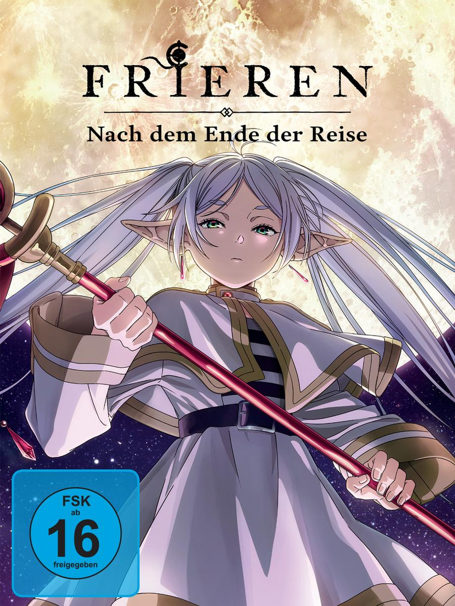 Anime-Cover mit dem Titel "Frieren". Eine junge Frau mit langen, weißen Haaren hält einen Stab vor einem Mondhintergrund. FSK-Siegel.