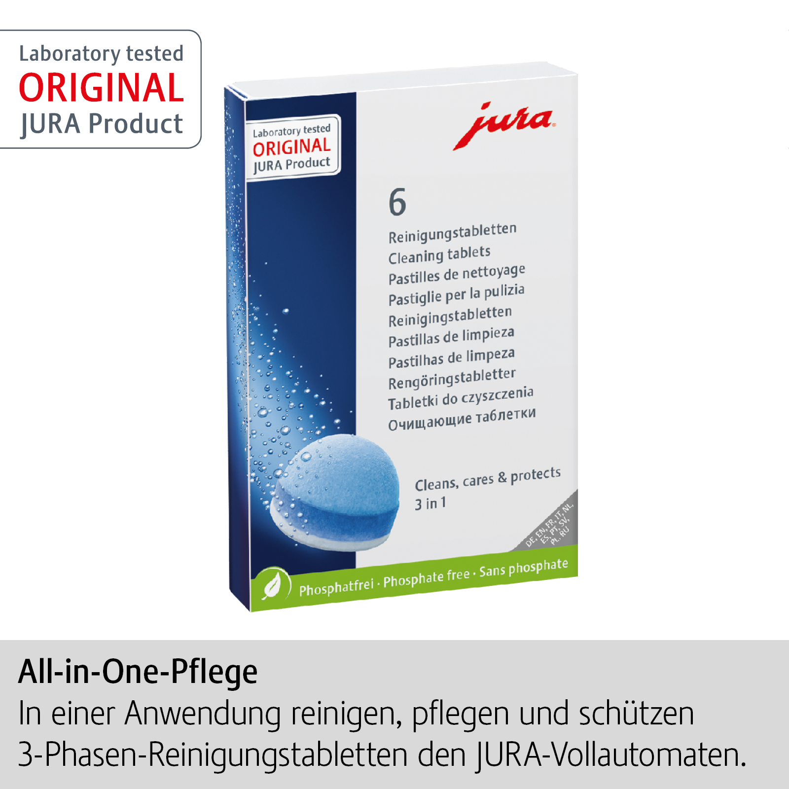 Eine Schachtel JURA Reinigungstabletten. Die Schachtel ist weiß mit blauen Akzenten und einer blauen Tablette. Sie hat das JURA-Logo.