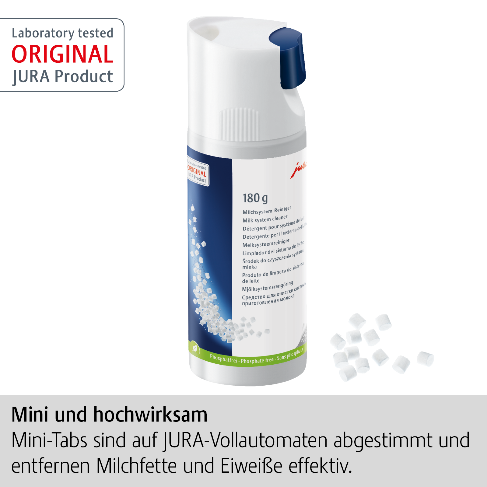 Eine weiße Flasche mit blauer Kappe und Text. Daneben liegen kleine weiße Tabletten. Der Text beschreibt einen Milchsystem-Reiniger.