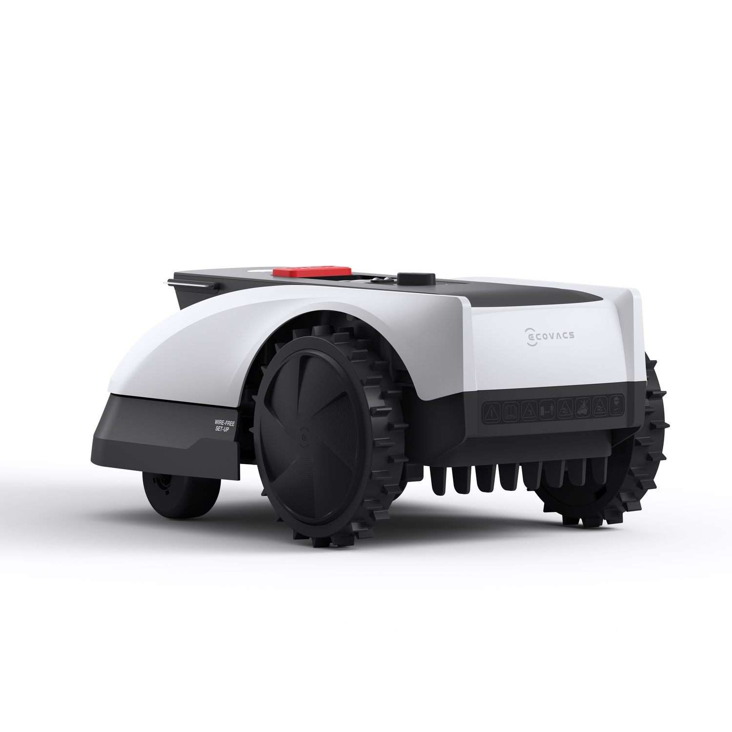 Un tosaerba robotico bianco e nero con grandi ruote nere. Ha un pulsante rosso in alto e il marchio "ECOVACS".