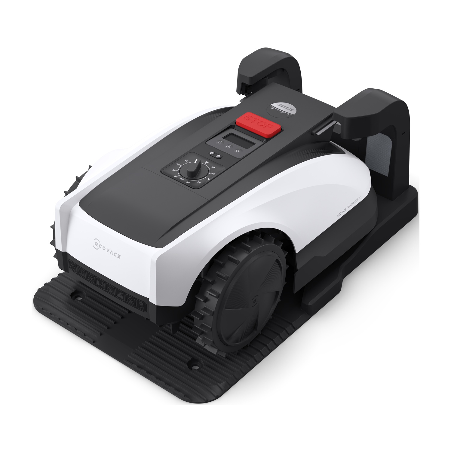 Un tosaerba robotico bianco e nero su una base nera. Ha un pulsante di arresto rosso e un pannello di controllo. Le ruote sono nere.