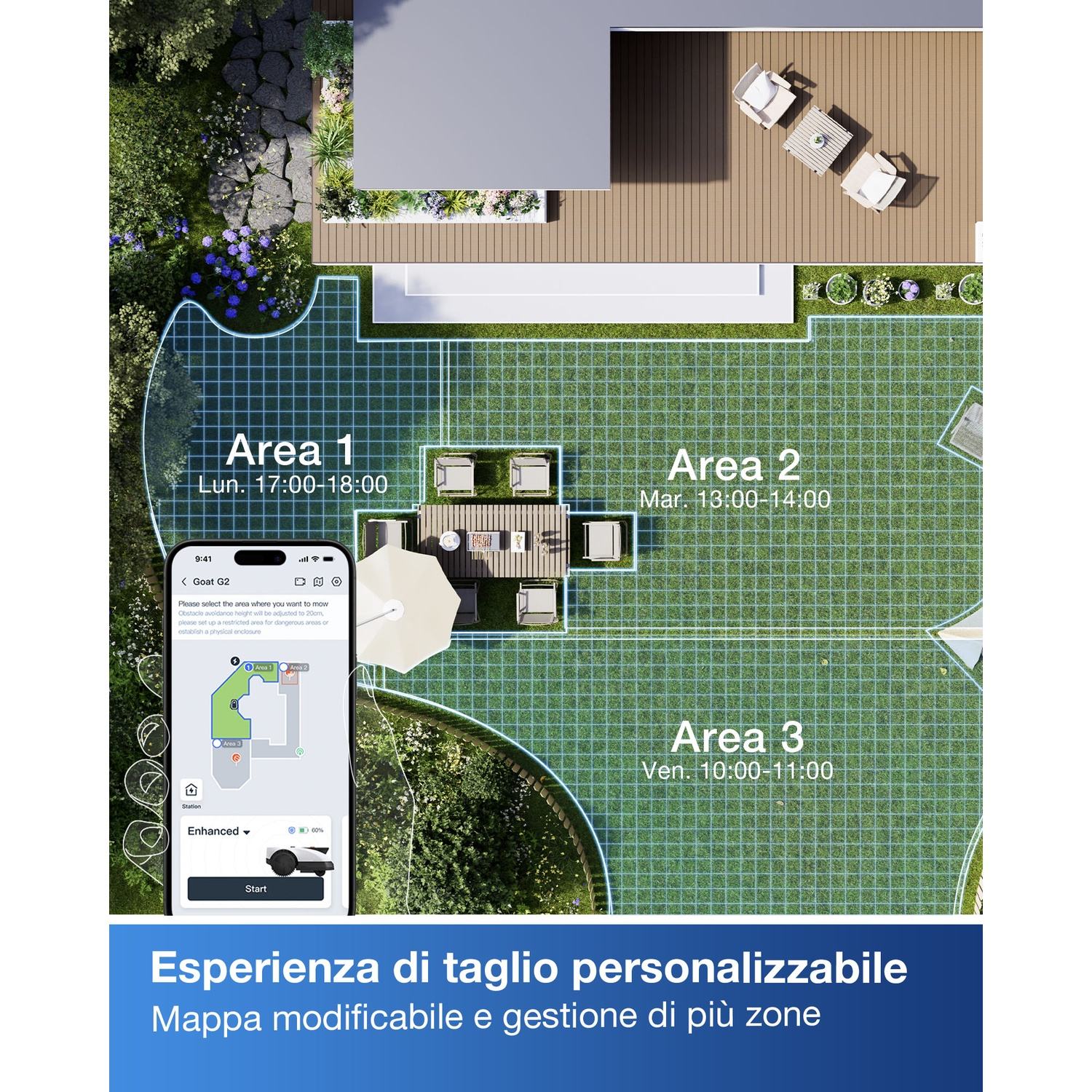 Vista dall'alto di un prato con un tosaerba robotico e un telefono che mostra le zone di taglio.