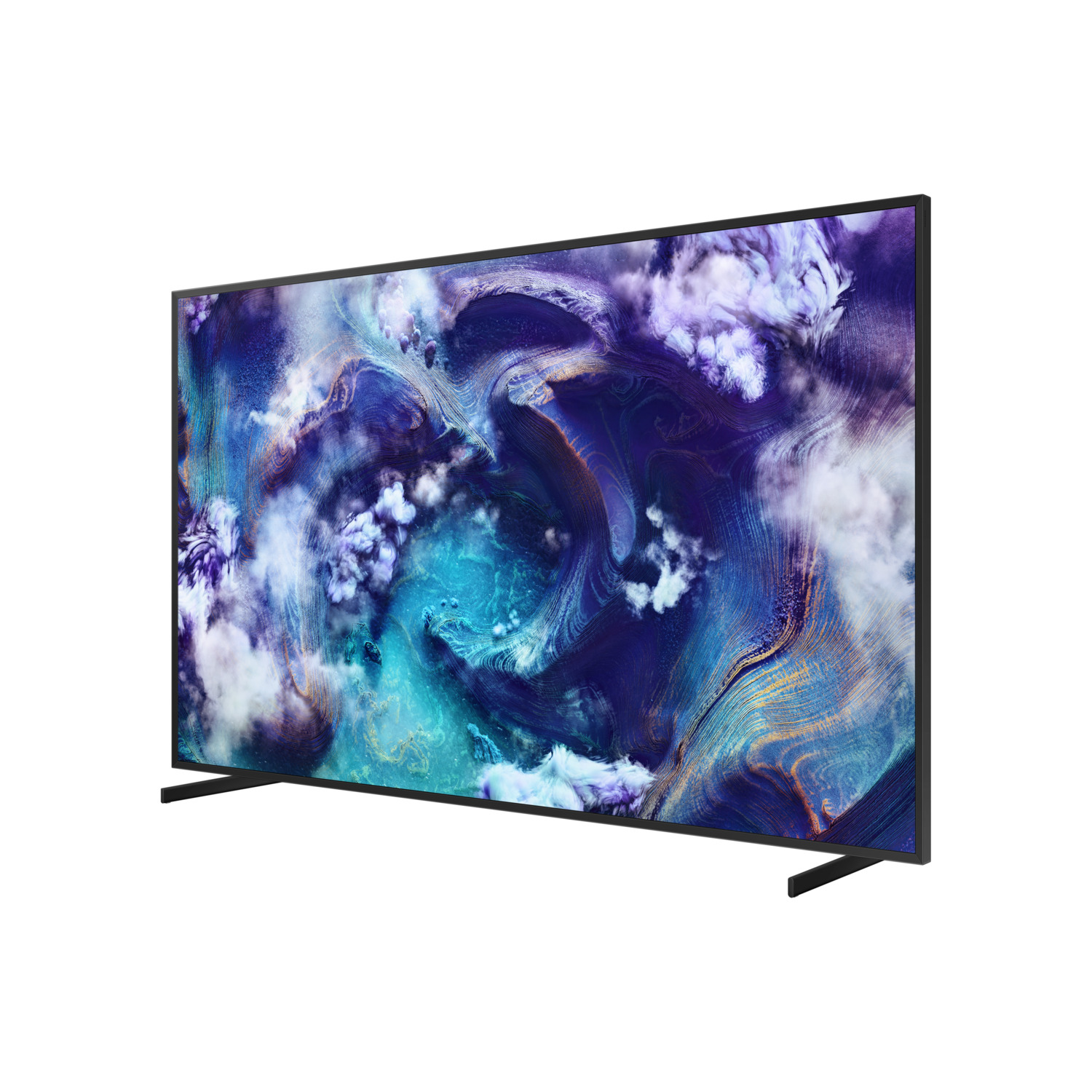 A black TV displays a colorful abstract pattern against a white background.