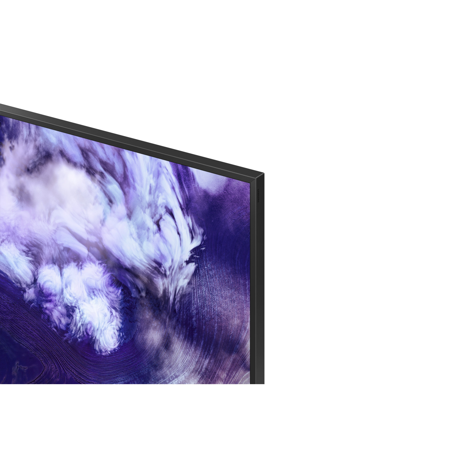 Close-up of a TV corner. The image shows part of the TV with a black frame and a purple-white pattern.