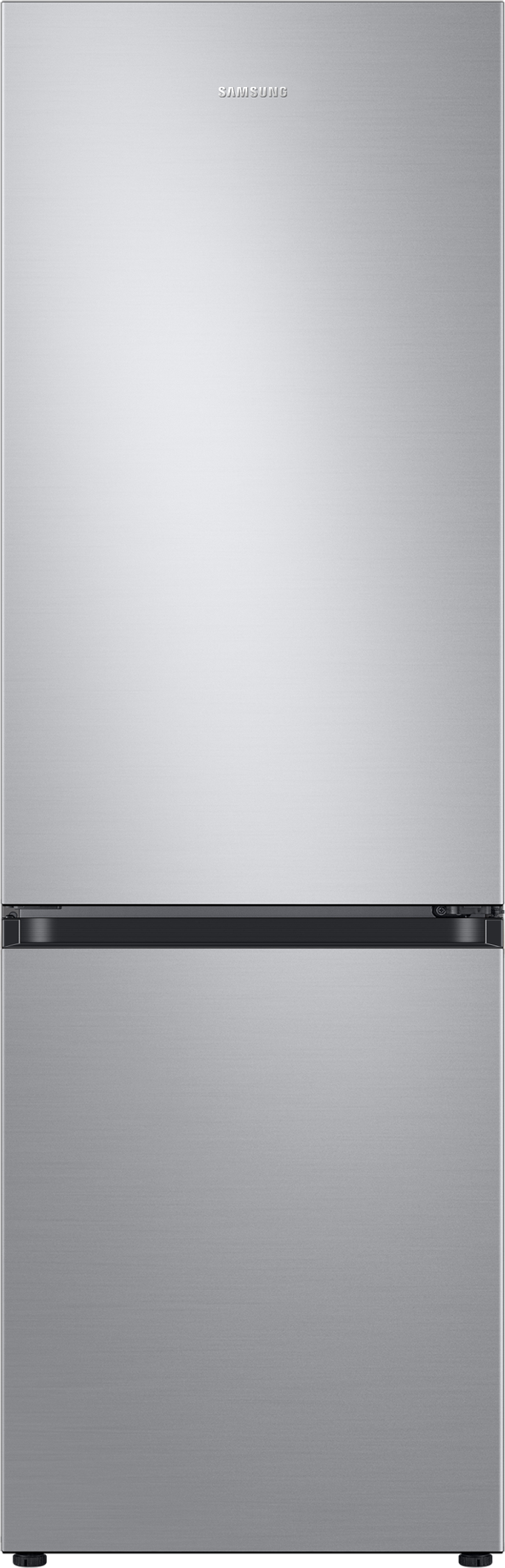 Zilveren koelkast met twee deuren. Samsung-logo bovenaan.