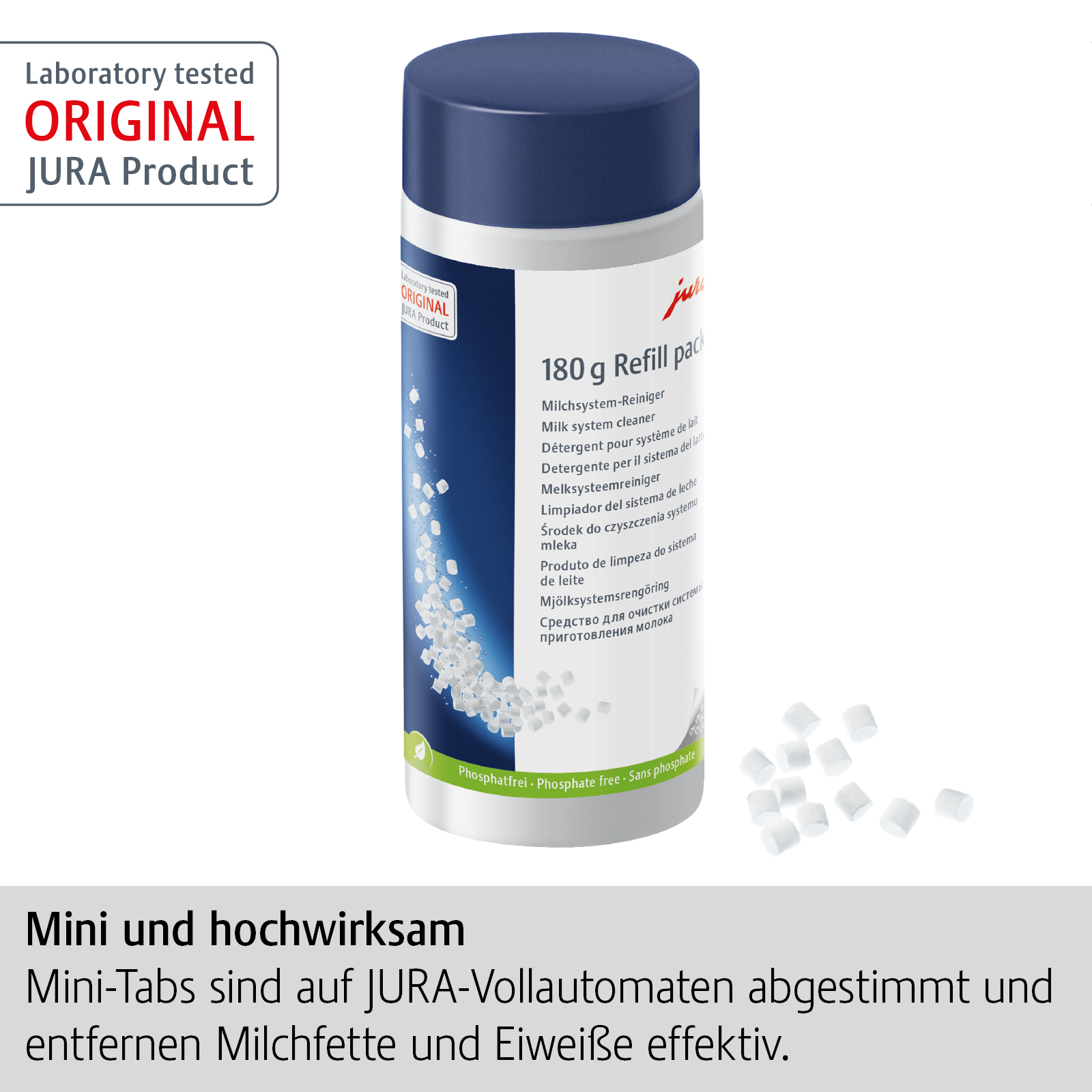 Eine Dose mit Reinigungstabletten neben einem Text, der die Reinigung beschreibt.