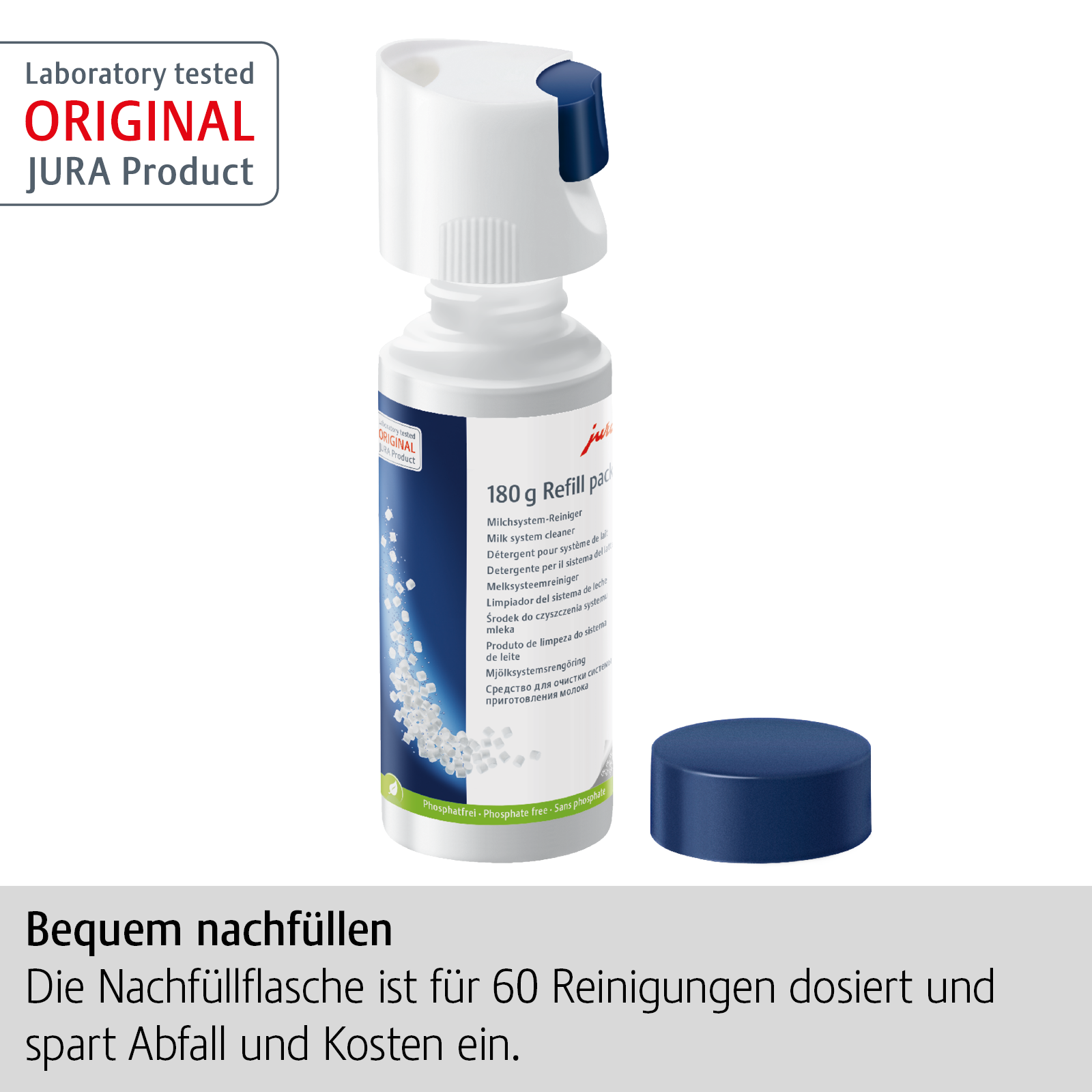 Eine Nachfüllflasche mit Reinigungsmittel neben einer Dose, die Nachfüllflüssigkeit enthält.