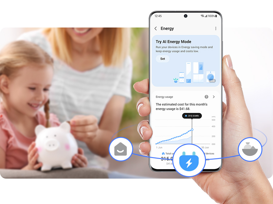 A woman and child holding a piggy bank, while a smartphone displays energy use.