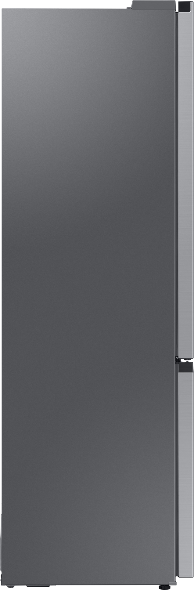 Closed, gray refrigerator door. Vertical orientation, sleek modern design with a handle.