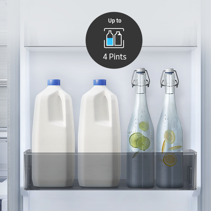 Refrigerator with milk and beverage bottles. Text on top says 'Up to 4 Pints'.